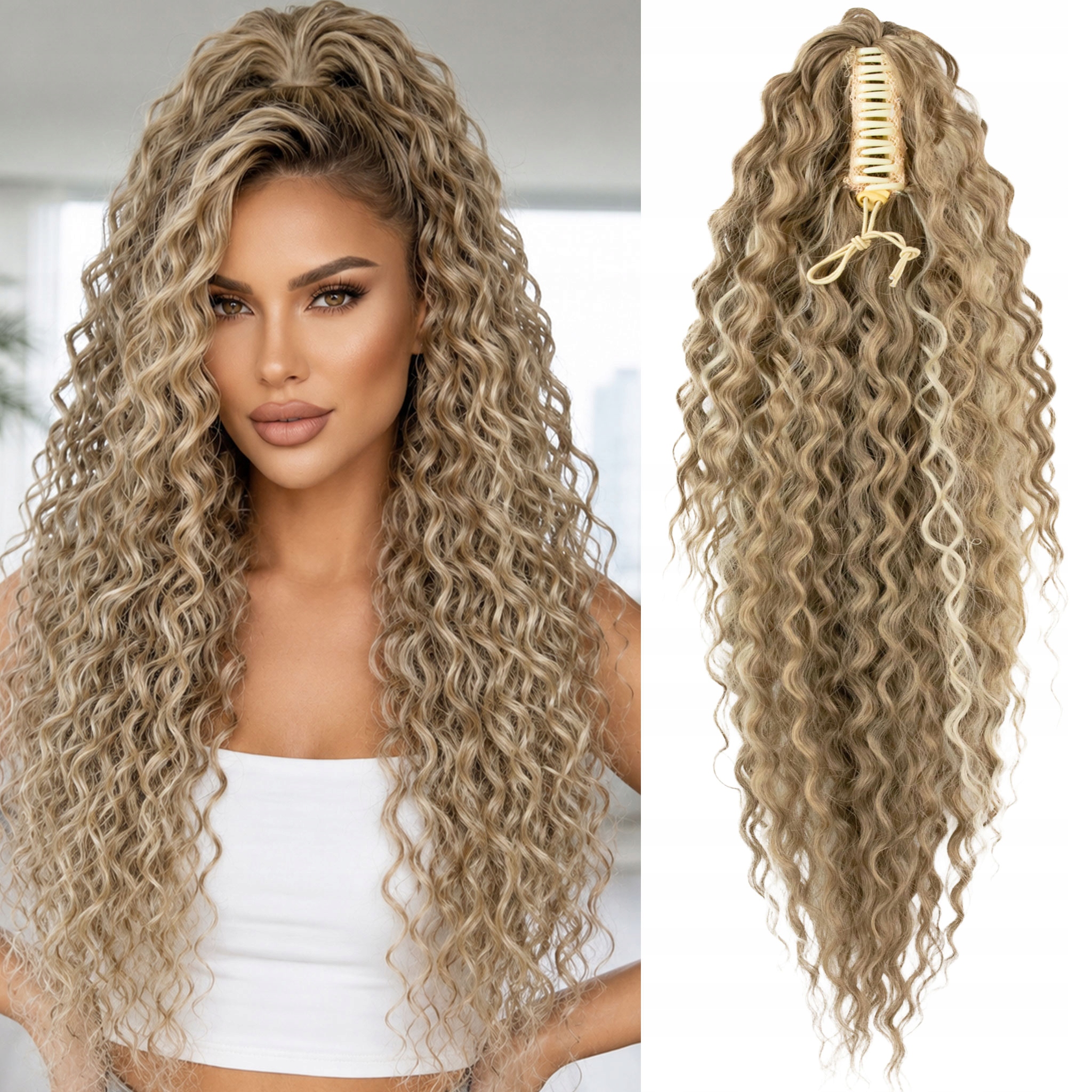 Doczepiany kucyk termiczny na klamrze włosy syntetyczne 65cm blond pasemka