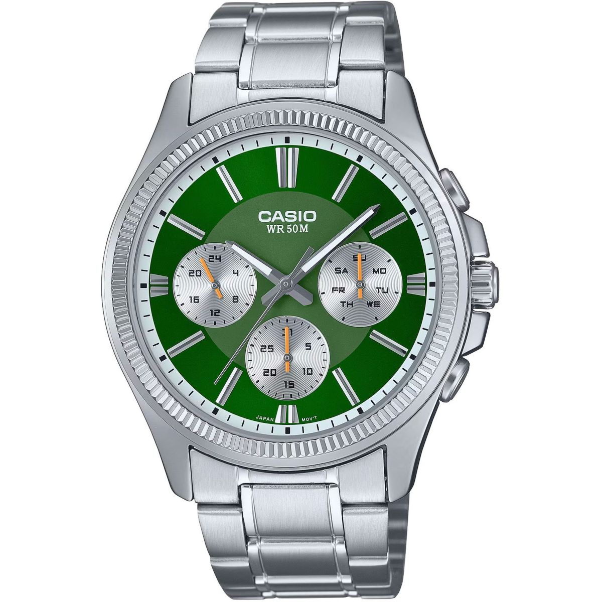 Casio Klasické klasické hodinky se zeleným ciferníkem a multidatem MTP-137