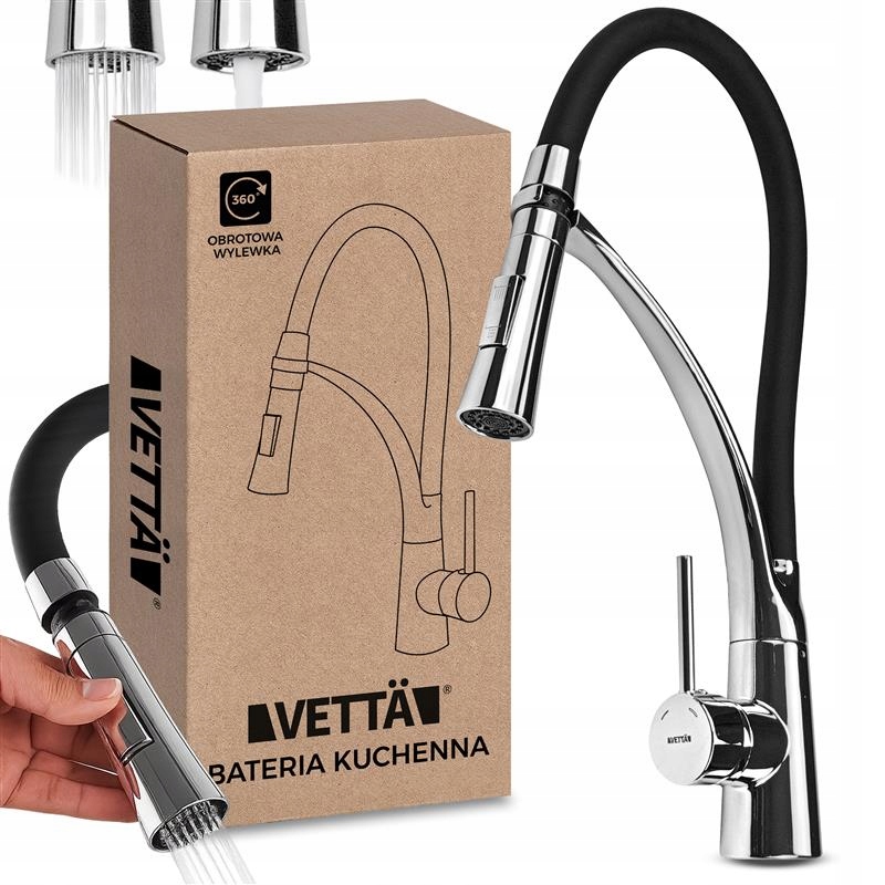 Kuchyňská baterie s flexibilním ohebným výtokem a vysokým kohoutkem pro umyvadlo, černá