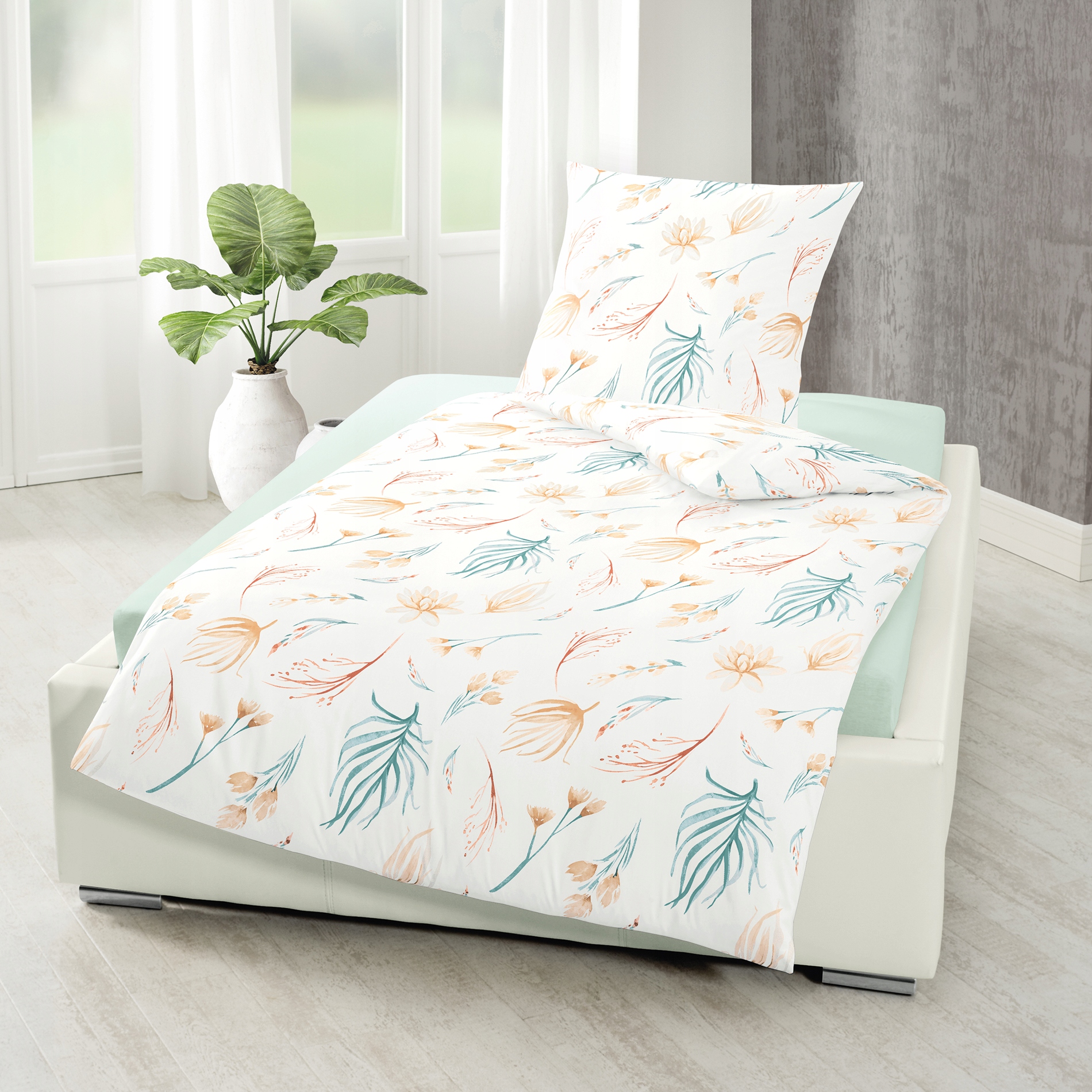 Povlečení Bavlněný satén 160x200 3-dílný Květy Listy Ketna