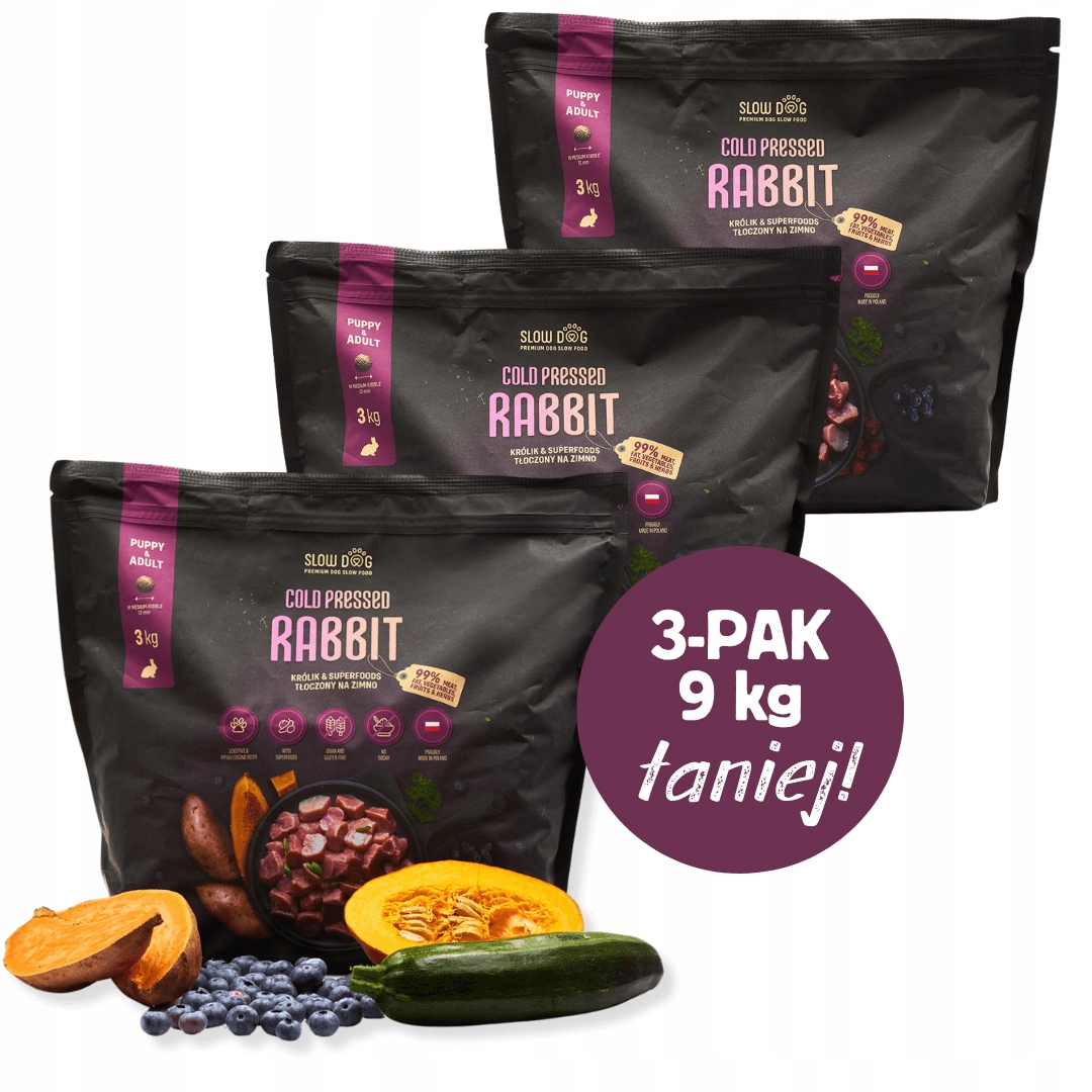 Karma tłoczona na zimno Slow Dog Rabbit Królik & Superfoods 3x3kg (3pak)