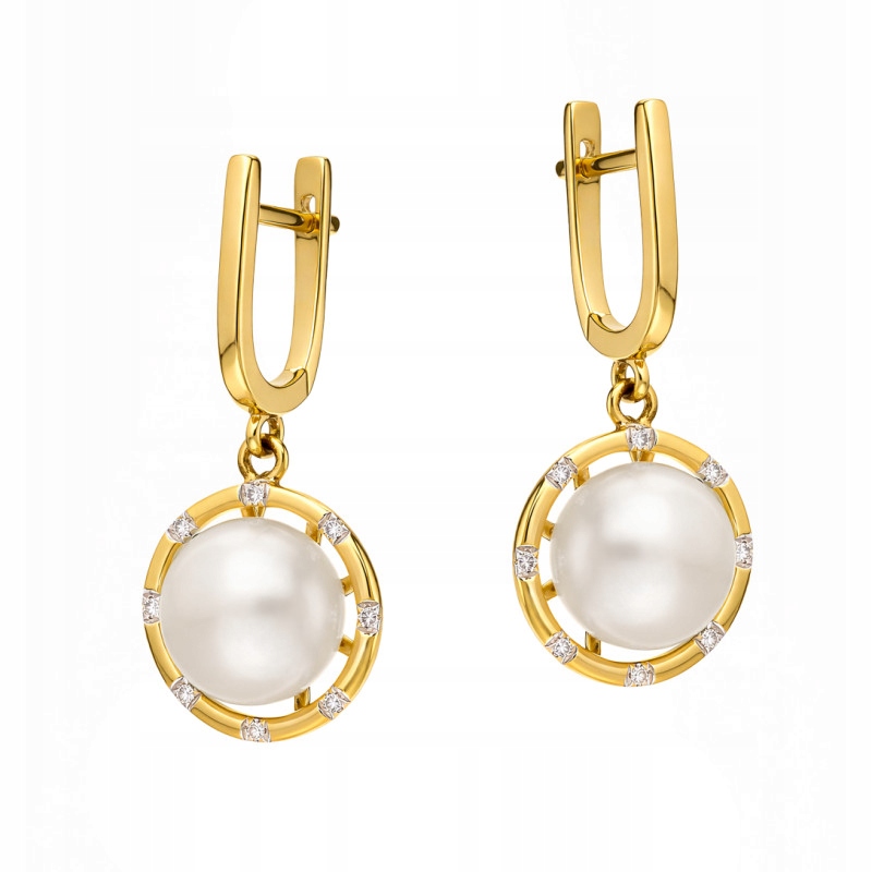 Náušnice zlaté 585 perla a diamanty 0,06 ct závěsné elegantní jako dárek