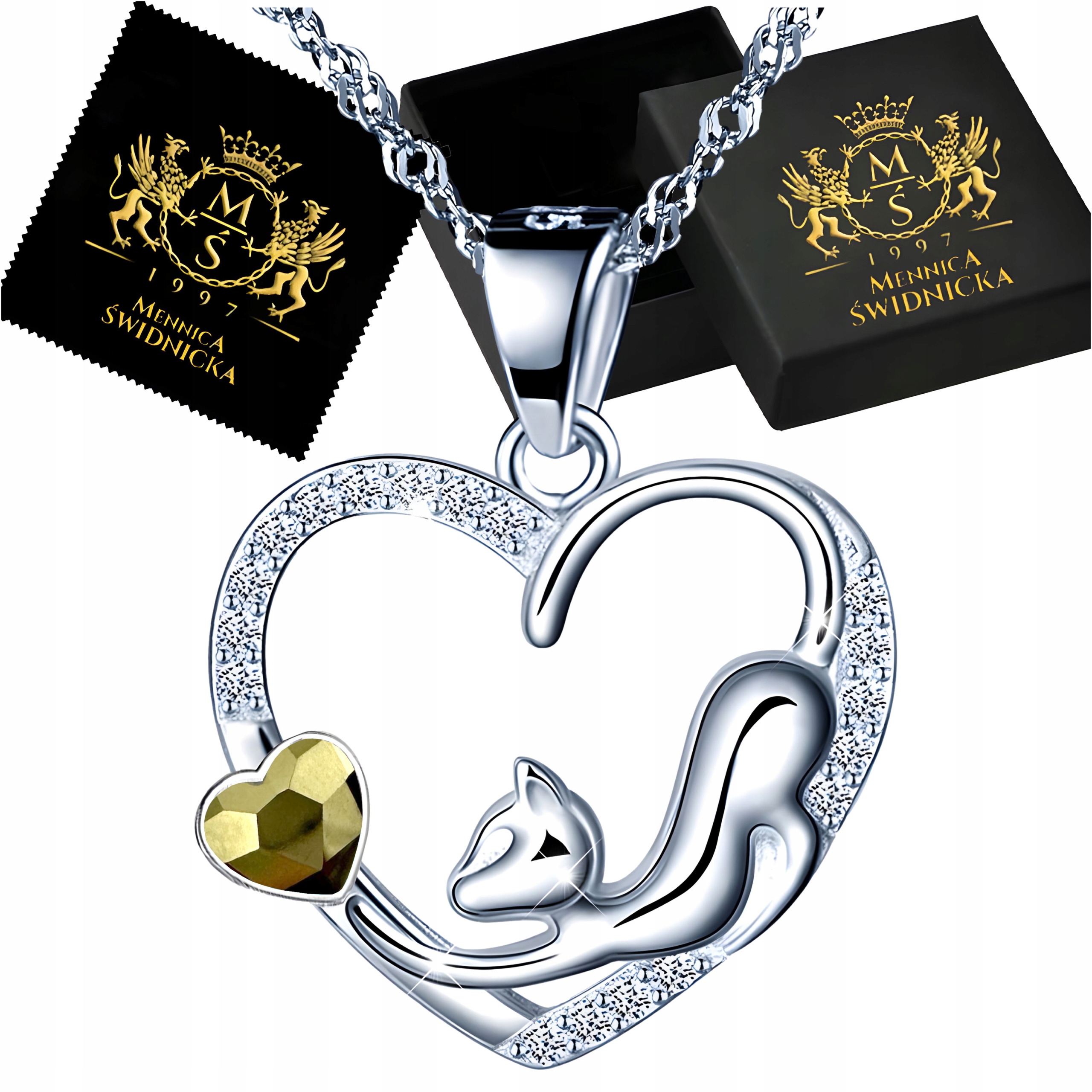 Stříbrný náhrdelník se srdíčkem a kočkou, Stříbro 925 s kubickým zirkonem, Dárek Svátek Matek