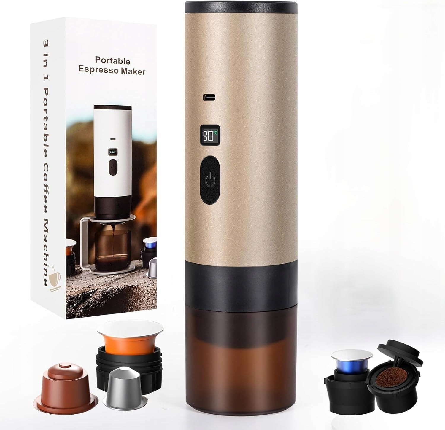 Bezprzewodowy Ekspres Przenośny 3w1 Kapsułki Kawa Mielona Szampański