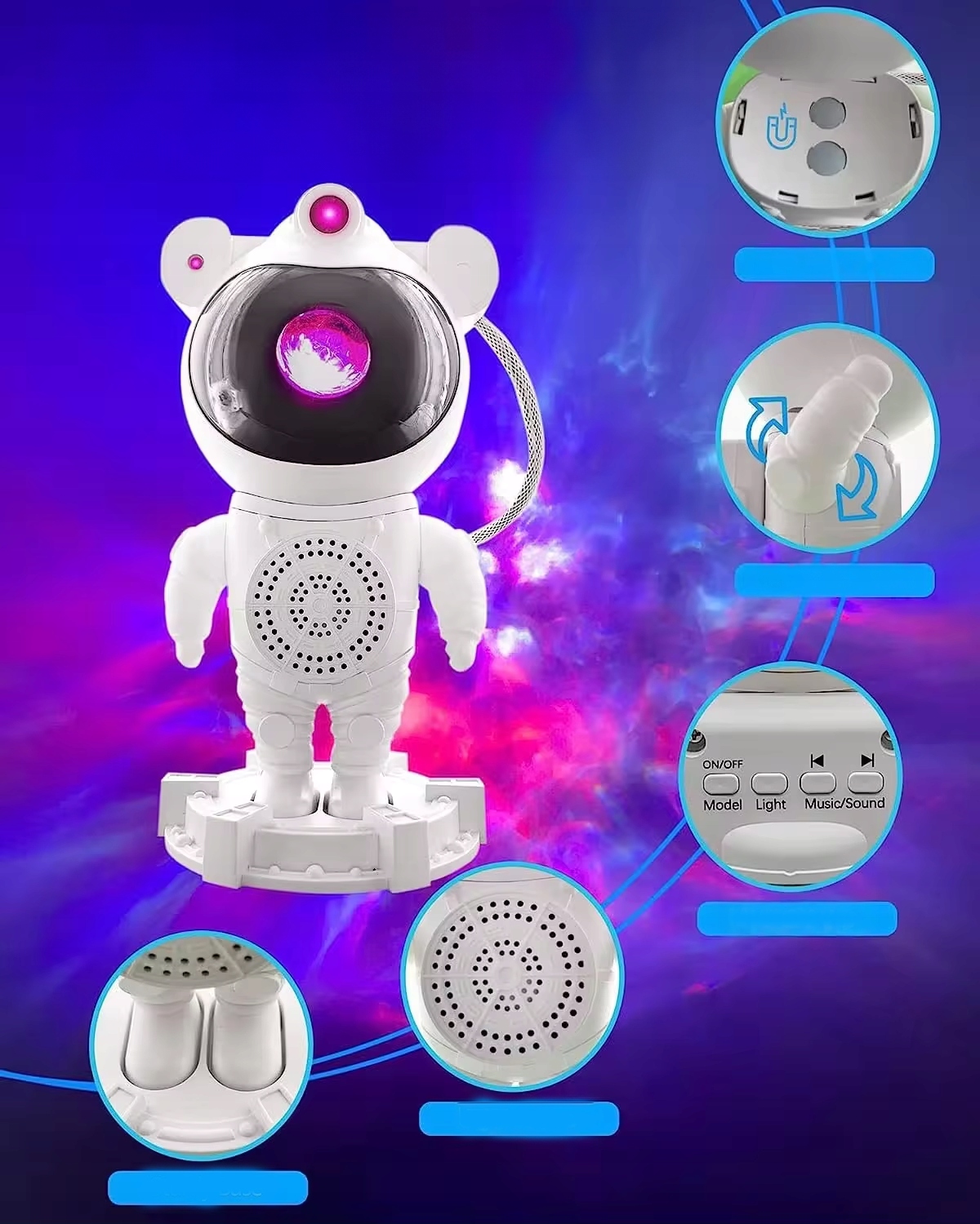 PROJEKTOR GWIAZD ASTRONAUTA GŁOŚNIK BLUETOOTH Lampka Dzieci Led LASER PILOT Długość/wysokość 24 cm