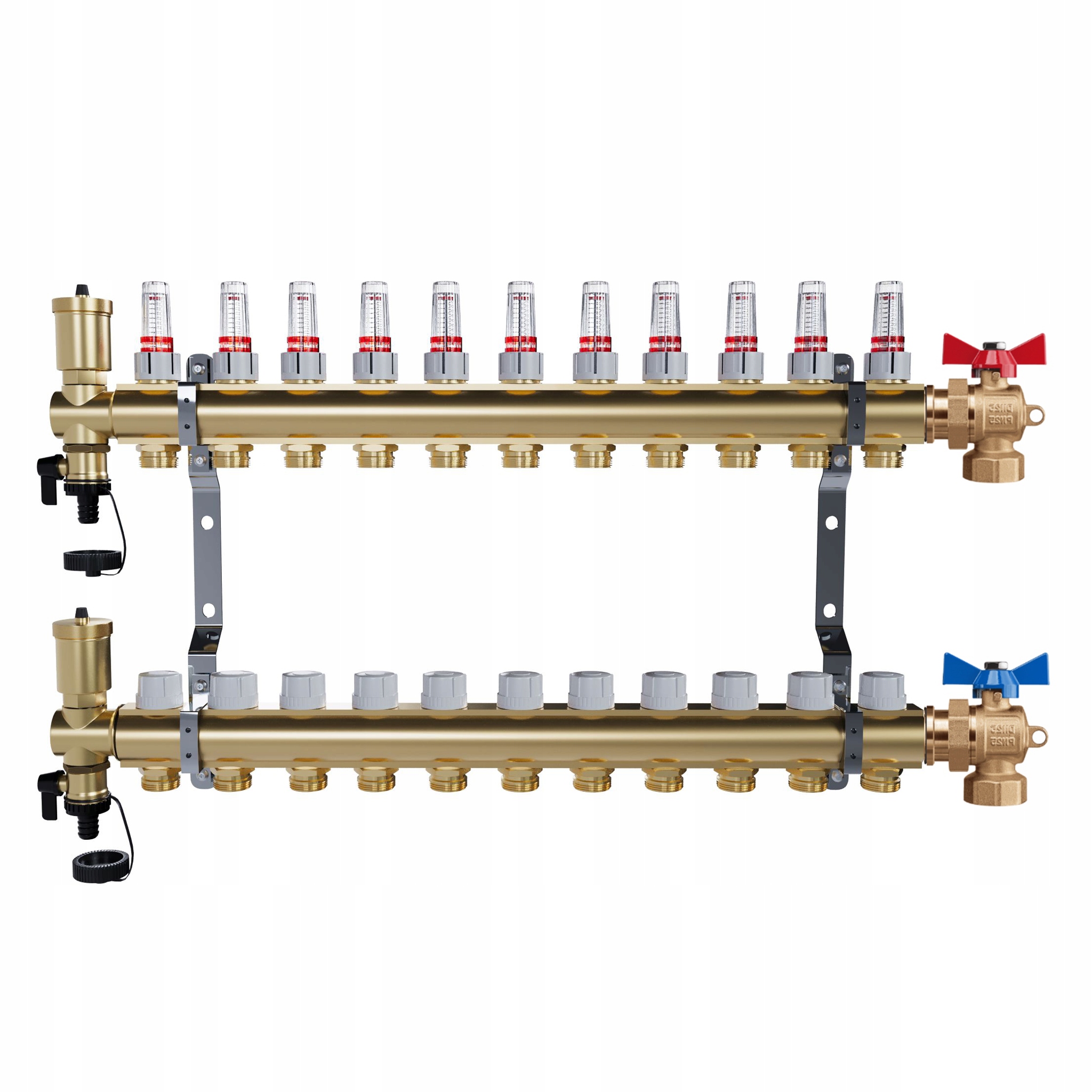 Rozdělovač pro podlahové vytápění – 11 okruhů Úhlové kulové ventily