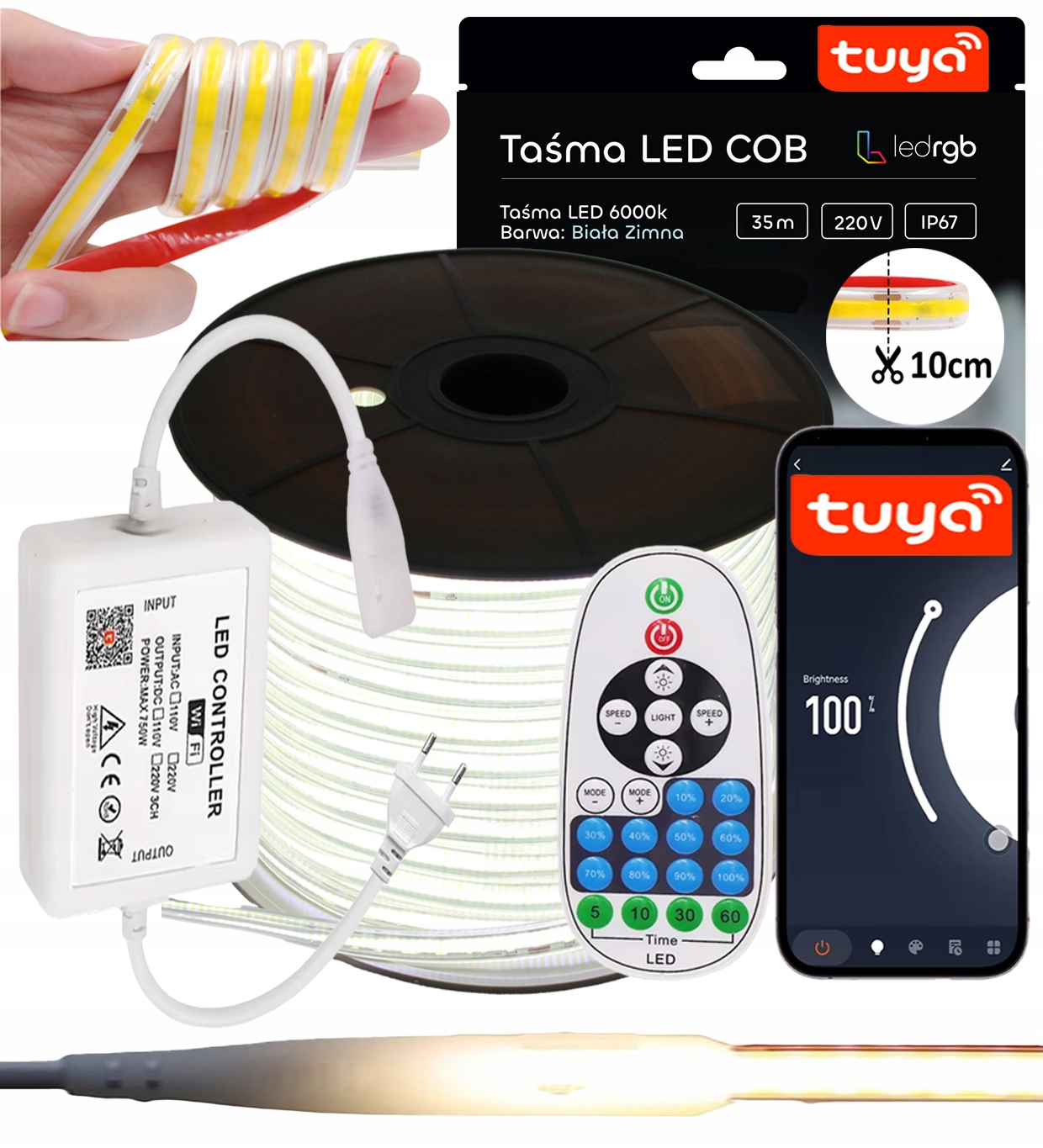 Zestaw Taśma Led Cob 35m 230V Biała Zimna 6000K Cięta Co 10CM Tuya Wifi
