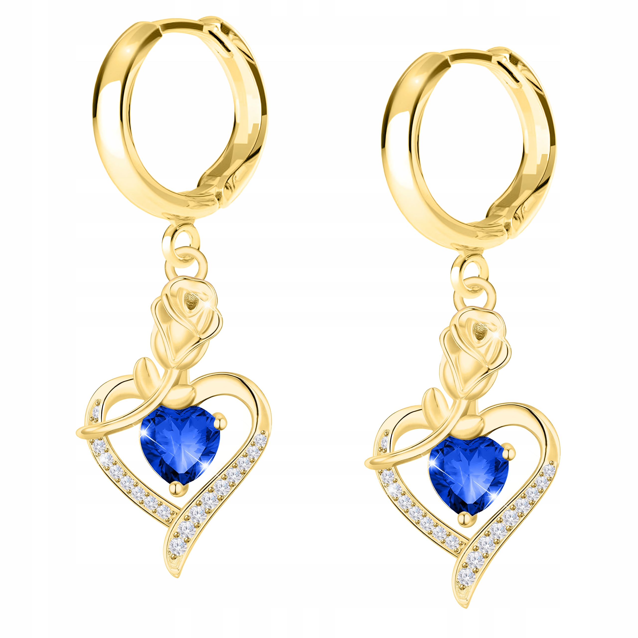 Zlaté Náušnice 925 Safírové Křišťálové Srdce Křišťál Růže Zirkony