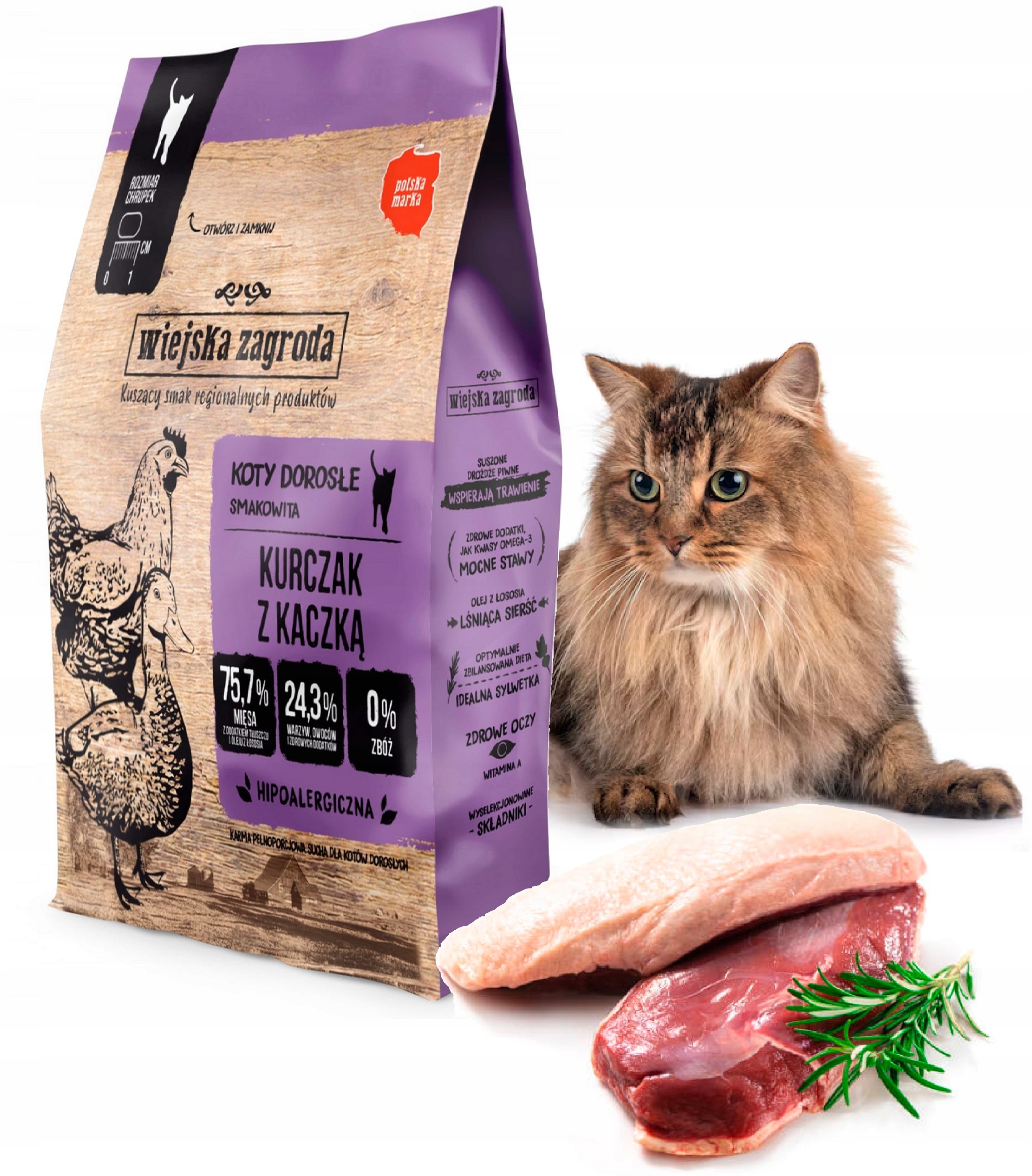 Wiejska Zagroda karma sucha dla kota Kurczak z Kaczką 5 kg 76% mięsa