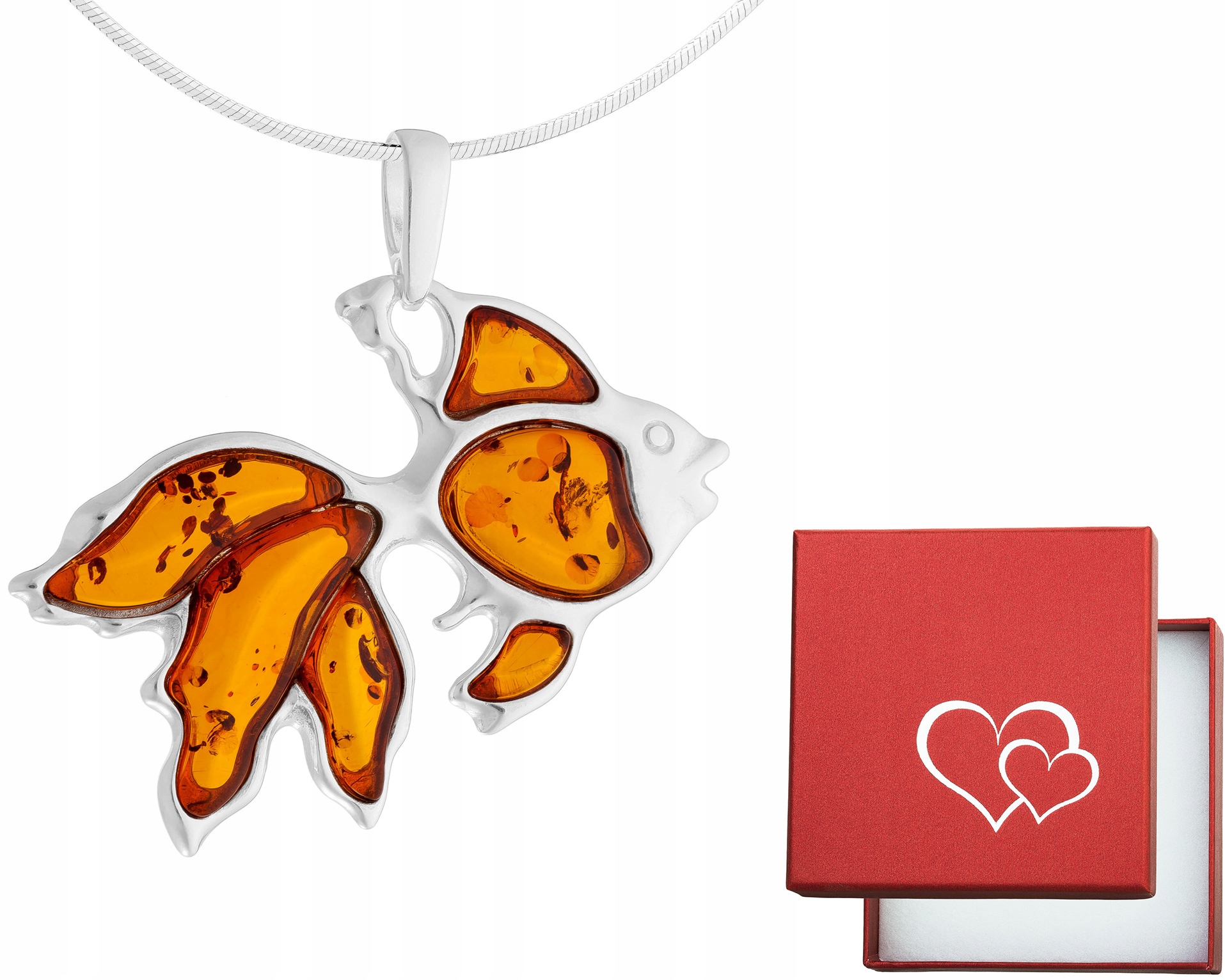 Velký stříbrný náhrdelník Ryba s jantarem Zlatá rybka Krátký Choker 35 cm