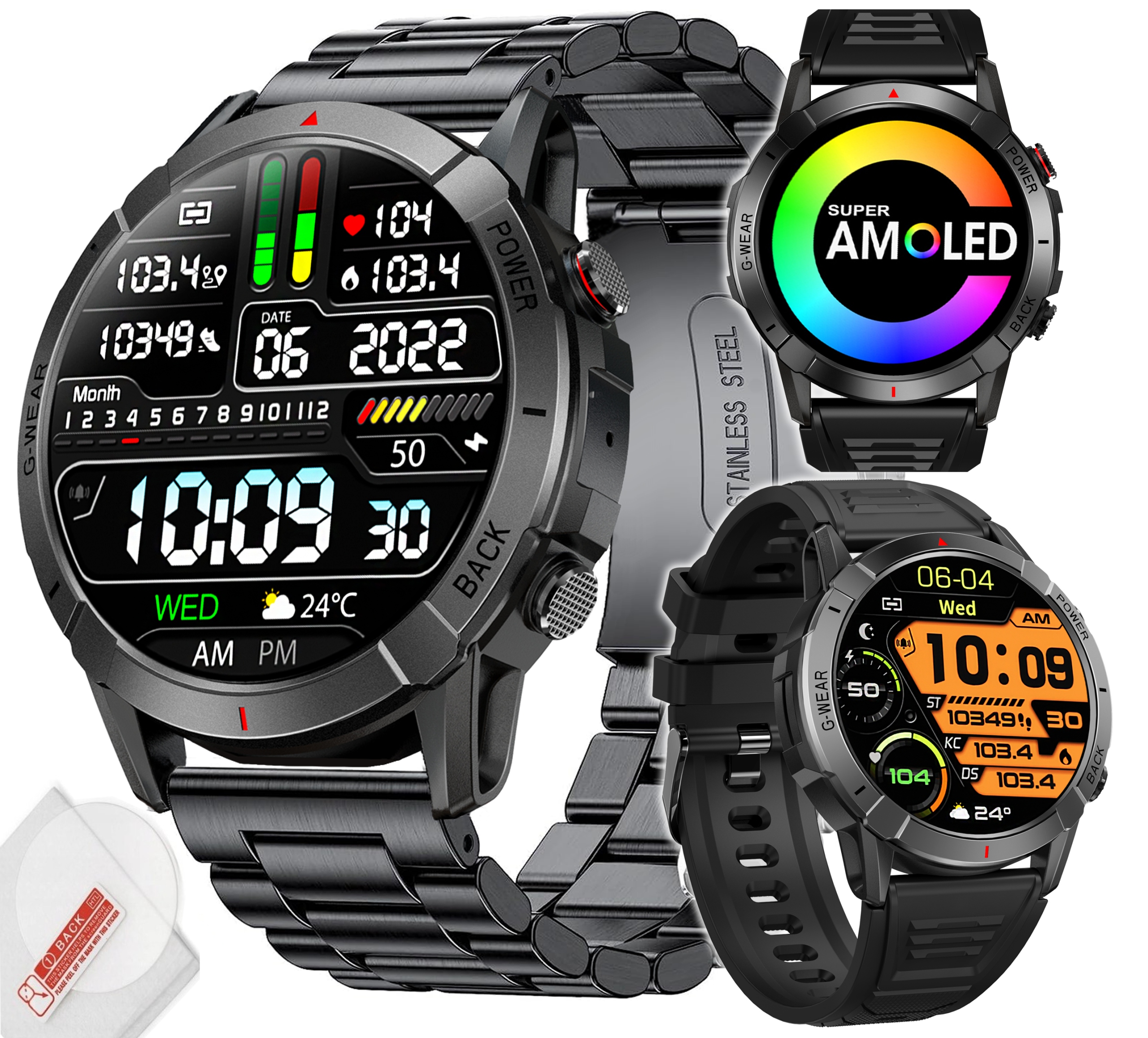 CZARNY SMARTWATCH ZEGAREK MĘSKI AMOLED ROZMOWY POMIARY SPORT MENU PL