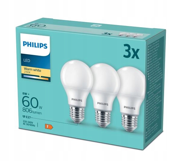 

3x Żarówka E27 Philips Led 9W 60W 2700k A60