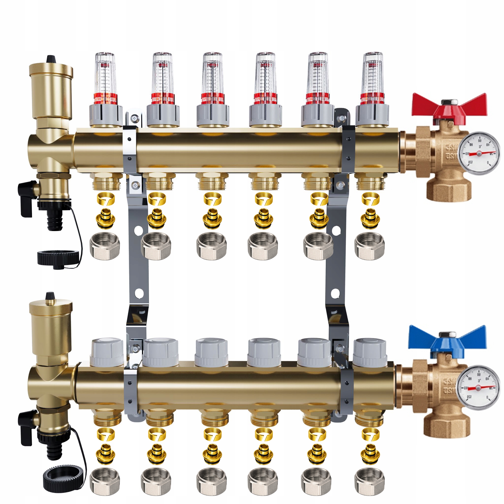 Rozdělovač mosazný Podlahovky 6 okruhů Kulové ventily Teploměr Pex