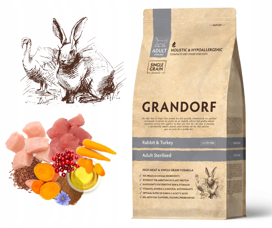 Grandorf Rabbit & Turkey Adult Sterilised 2 kg Piłka Z Kocimietką