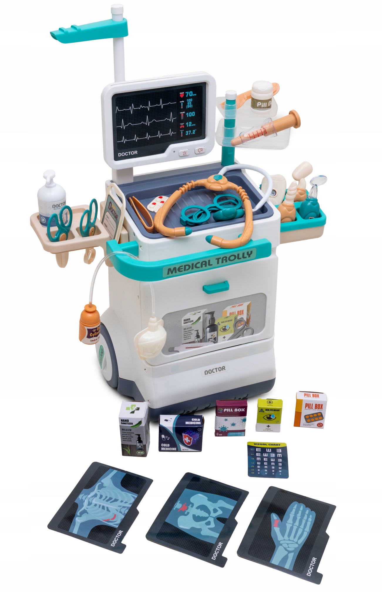 DUŻY zestaw lekarza WÓZEK STACJA MEDYCZNA Mały Doktor SZPITAL RTG EKG 26 el Materiał plastik