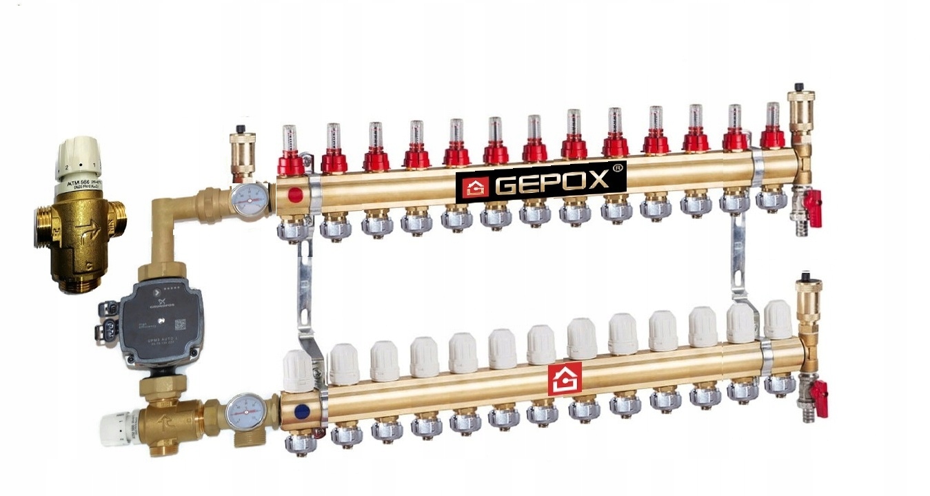 Rozdělovač pro podlahové vytápění, 13 okruhů sekcí s čerpadlem