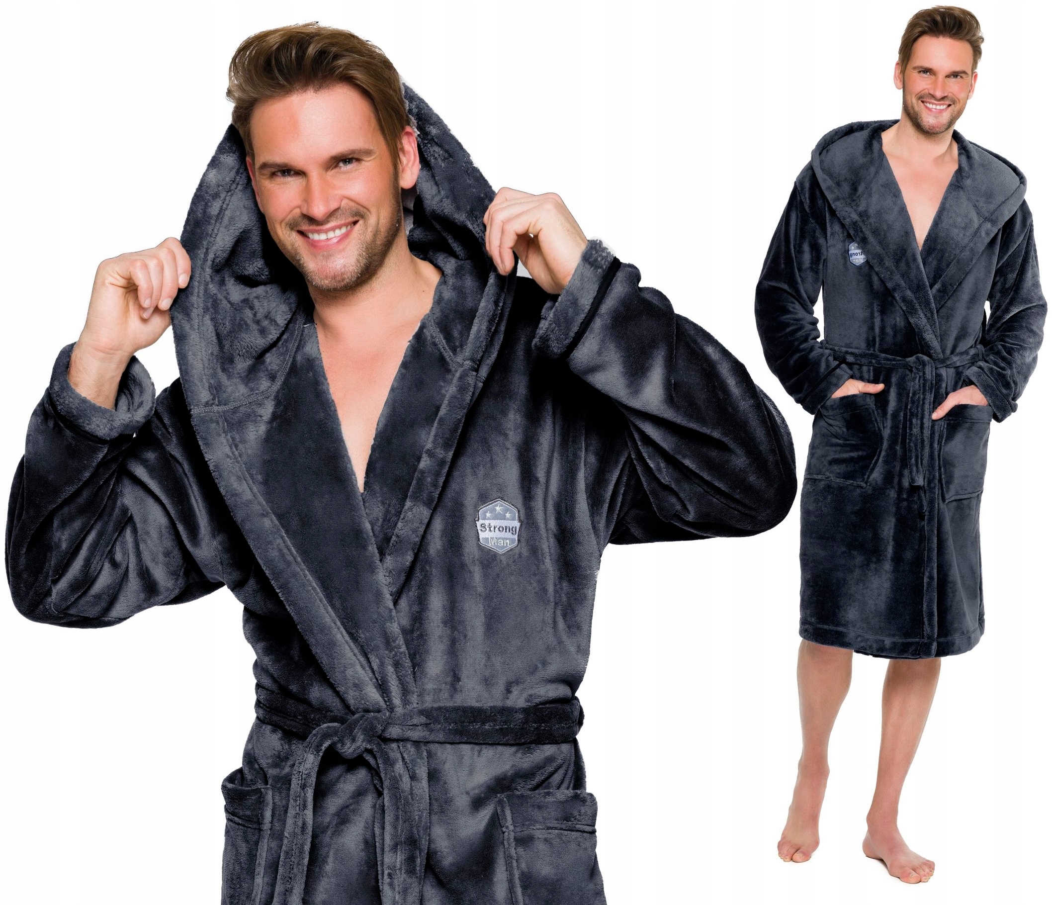 CIEPŁY MIŁY DŁUGI SZLAFROK MĘSKI Z KAPTUREM XXL