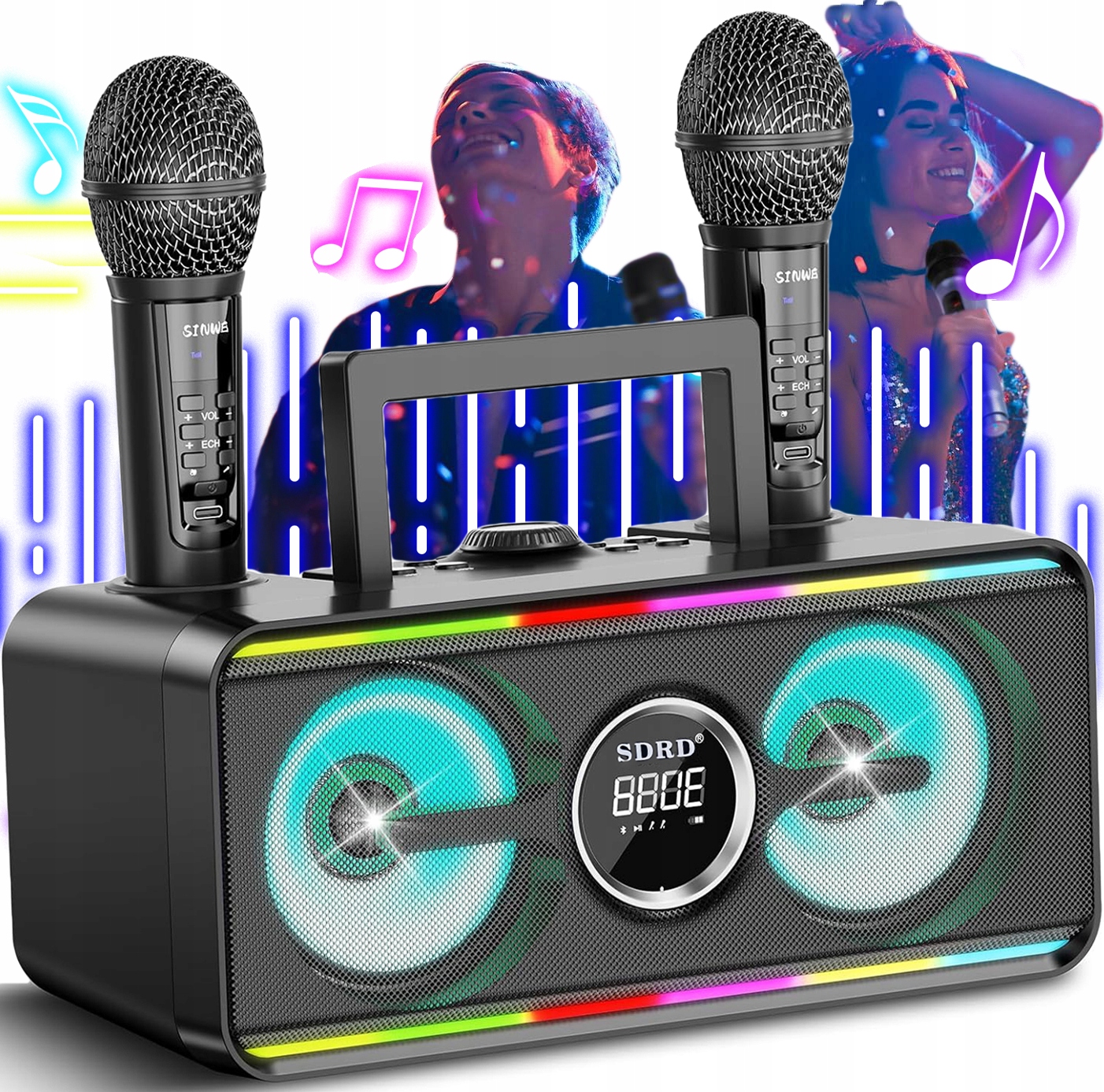 Maszyna Głośnik Karaoke Bluetooth Z 2 Mikrofony Bezprzewodowe Kolorowa Led