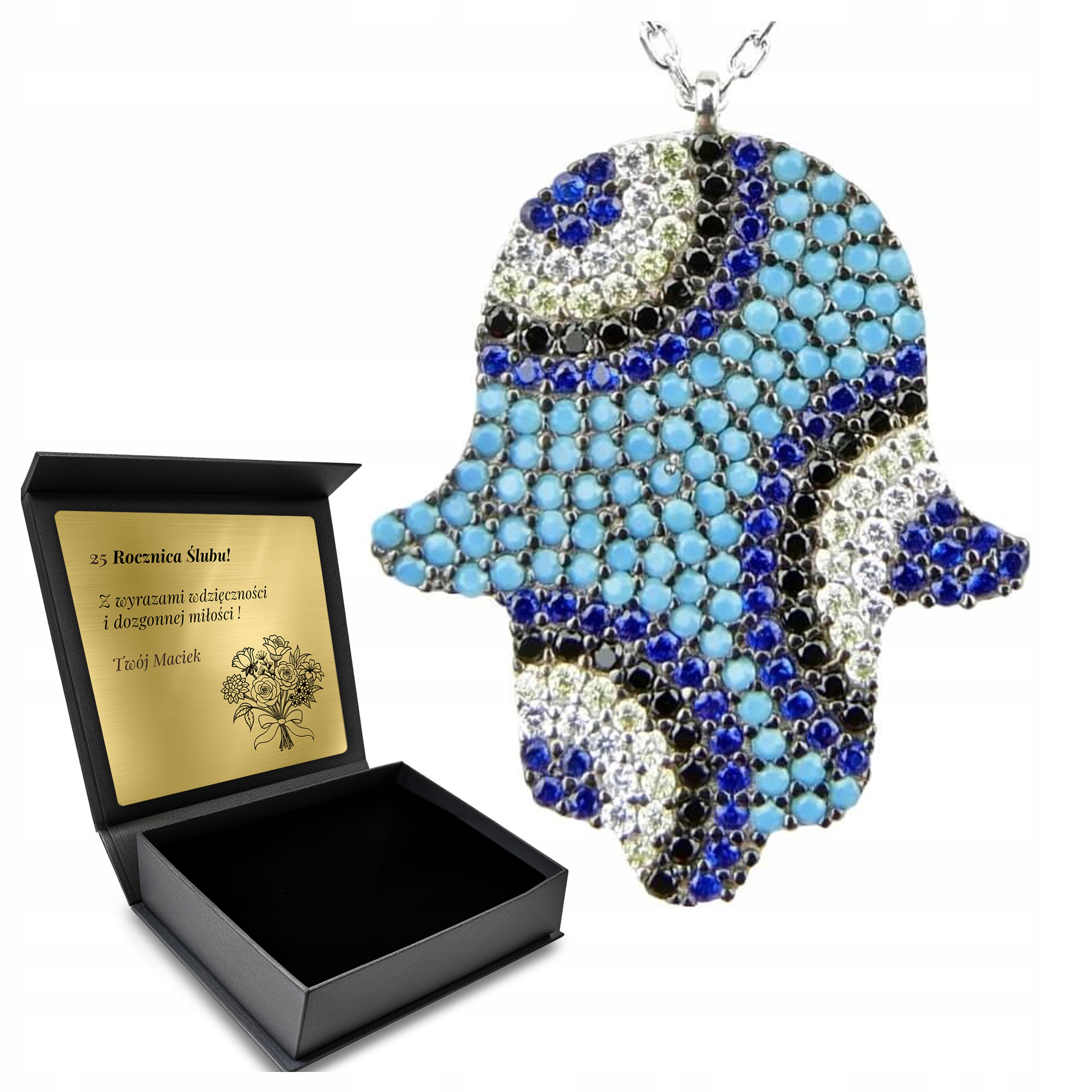 Stříbrný Turecký Náhrdelník Ruka Fatimy Oko Proroka Chrání Před Zlem Gravírování