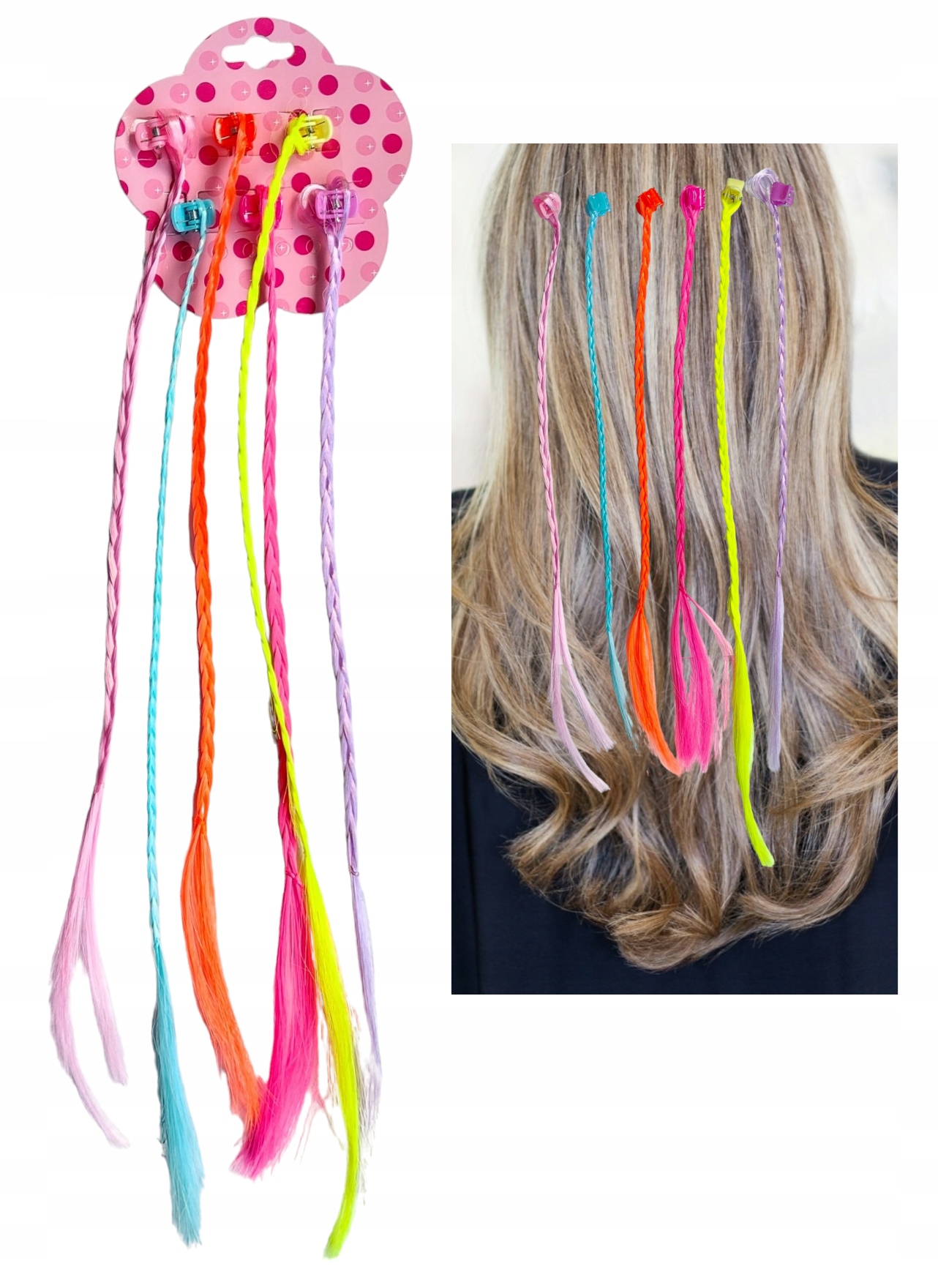 SPINKI DO WŁOSÓW ŻABKI Z WŁOSAMI WARKOCZ WARKOCZYKI KOLOROWE 6 SZT
