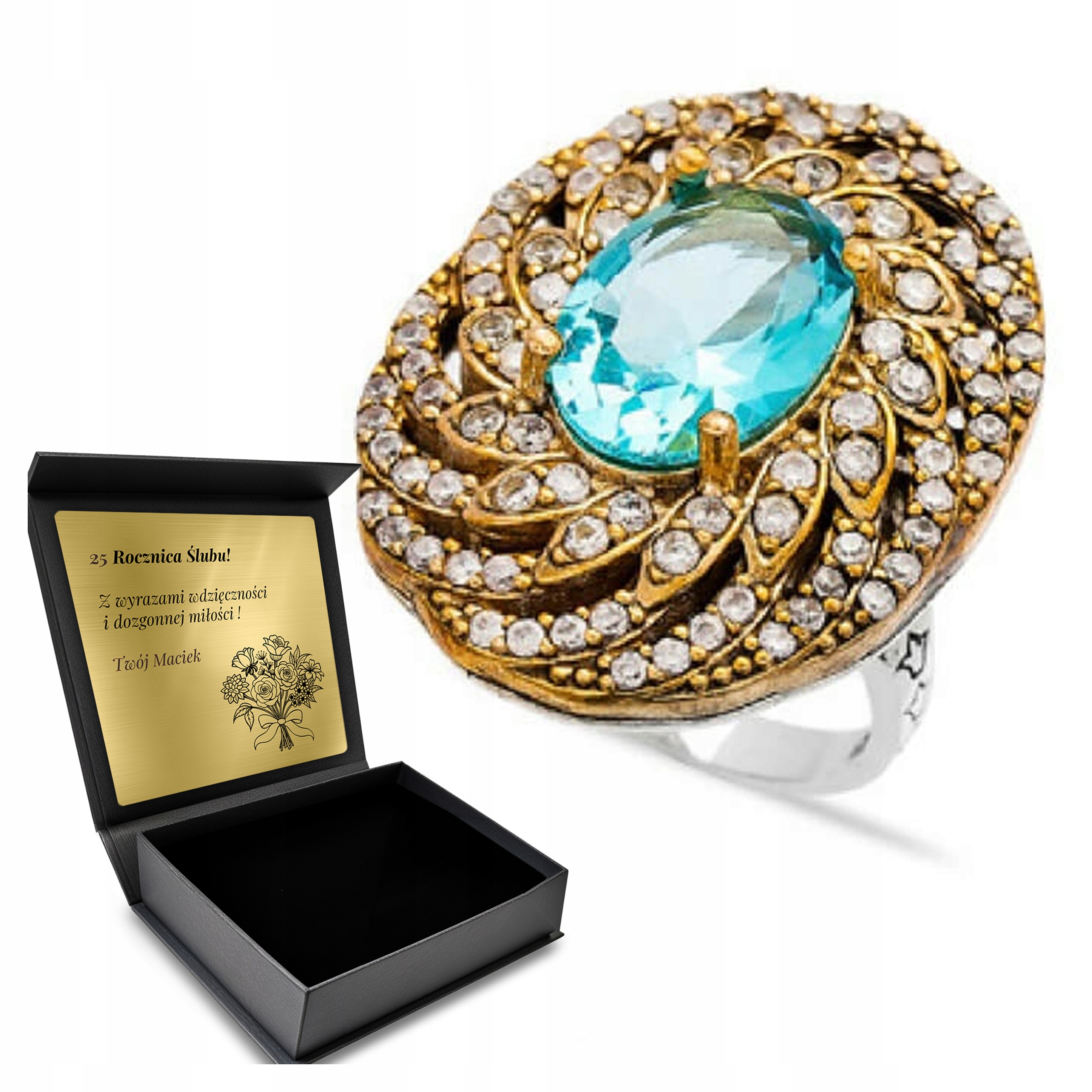 Prstýnek Srerbny 925 Zirkony Topaz Dárek pro ženu Gravírování Bonus