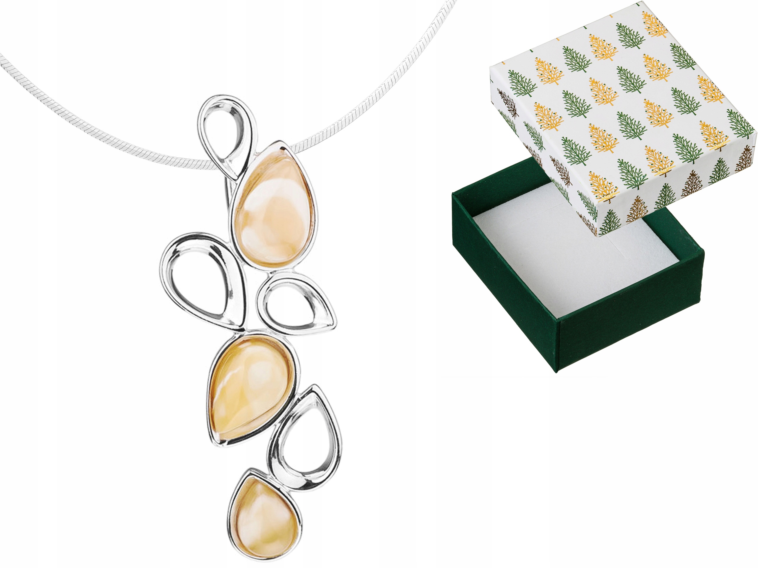 Stříbrný náhrdelník s mléčným jantarem, ažurové kapky, jantar 925 35 cm