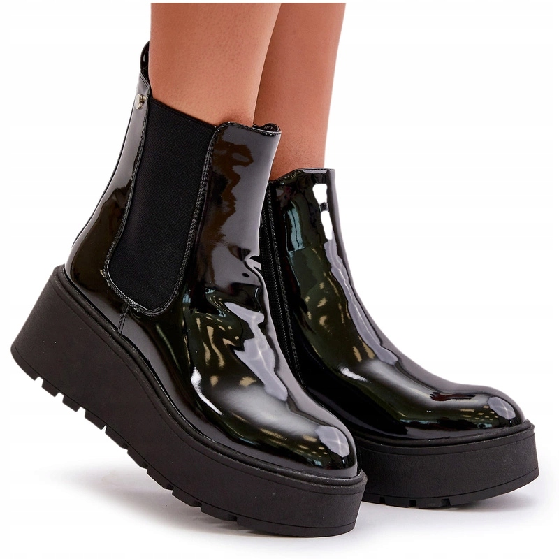 Dámské Kotníkové Boty Lakované Na Platformě A Klínku Na Zip Černé 40