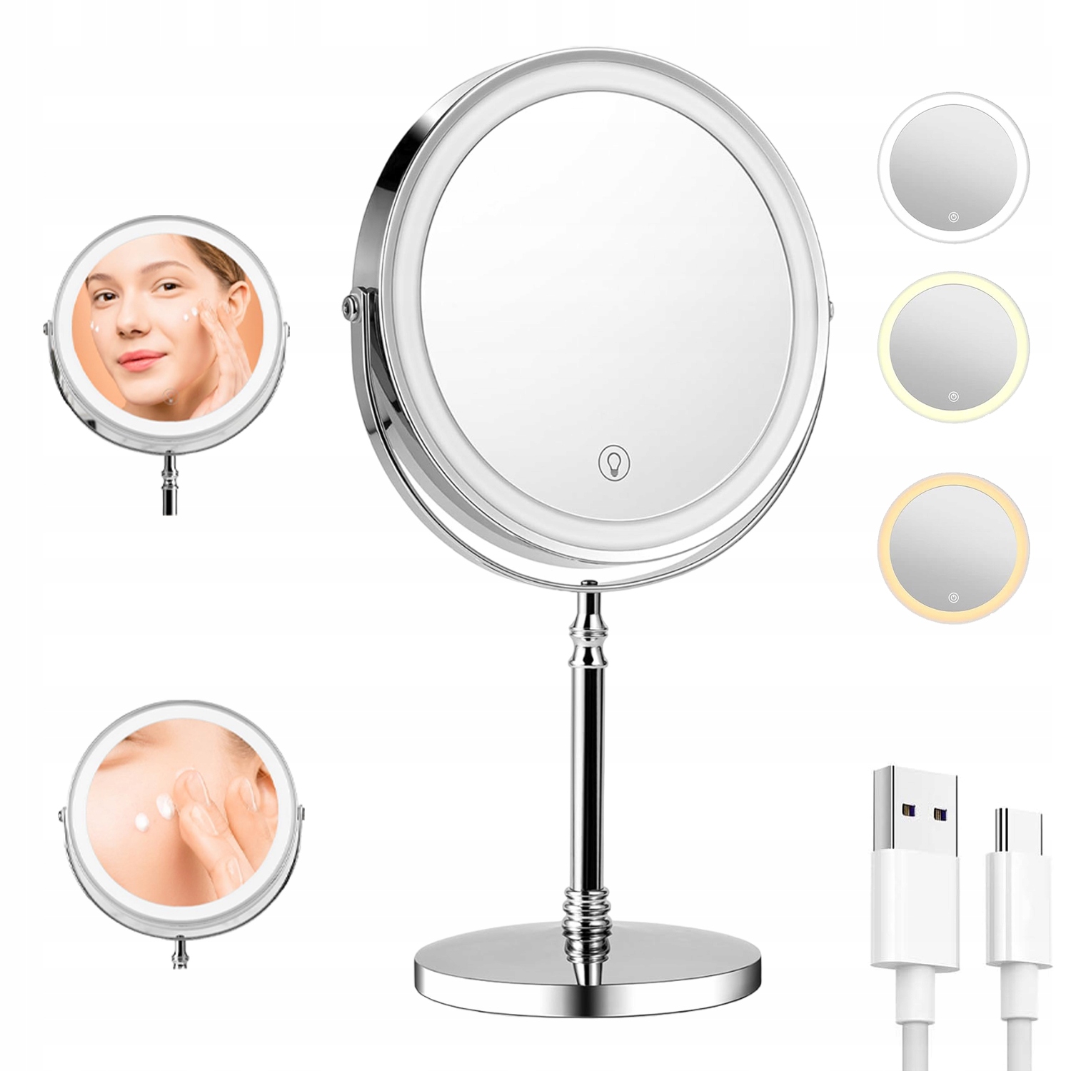 Stojací Oboustranné Kosmetické Zrcátko Pro Líčení, 3 Barvy Světla