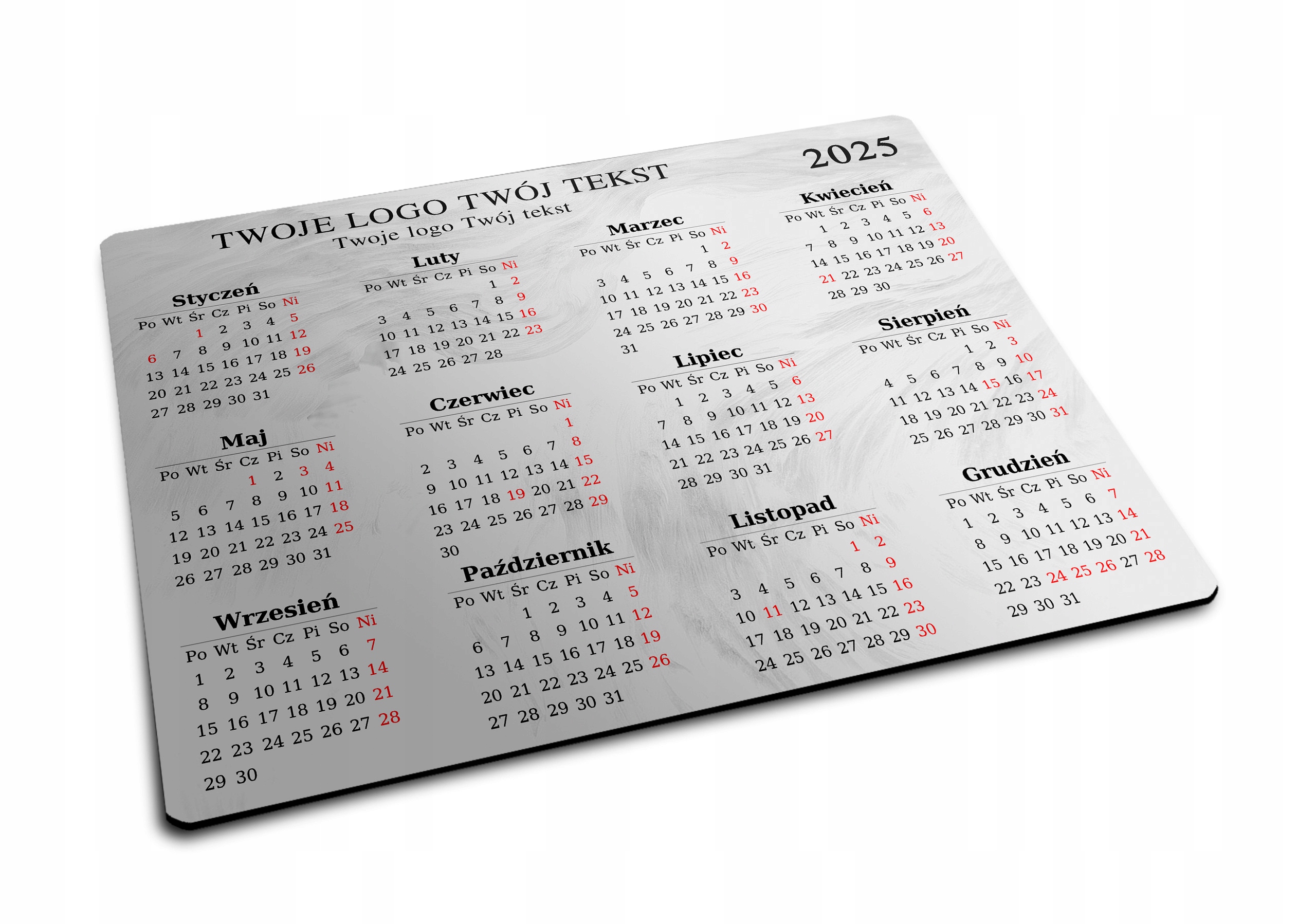 Kalendarz, reklamowa podkładka pod myszkę, twój nadruk tekstu, logo firmy.