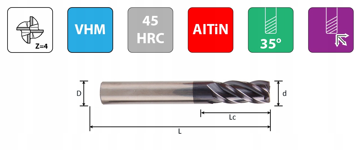 Frez węglikowy VHM Fi11mm 4pióra 45HRC AlTiN Twardość (HRC) 45