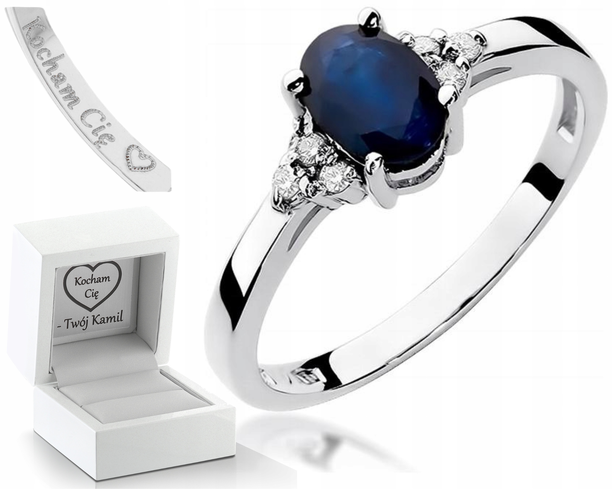 Prstýnek Se Safírem A Diamanty, Bílé Zlato