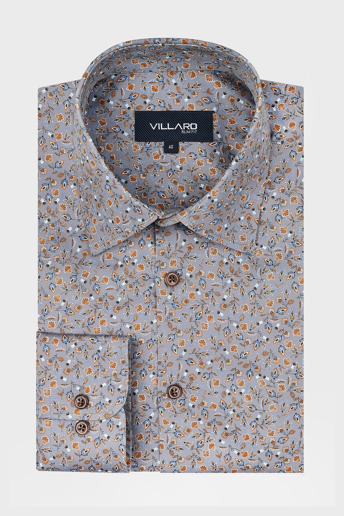 Béžová pánská košile s rostlinným vzorem 46-176/182 Slim Fit