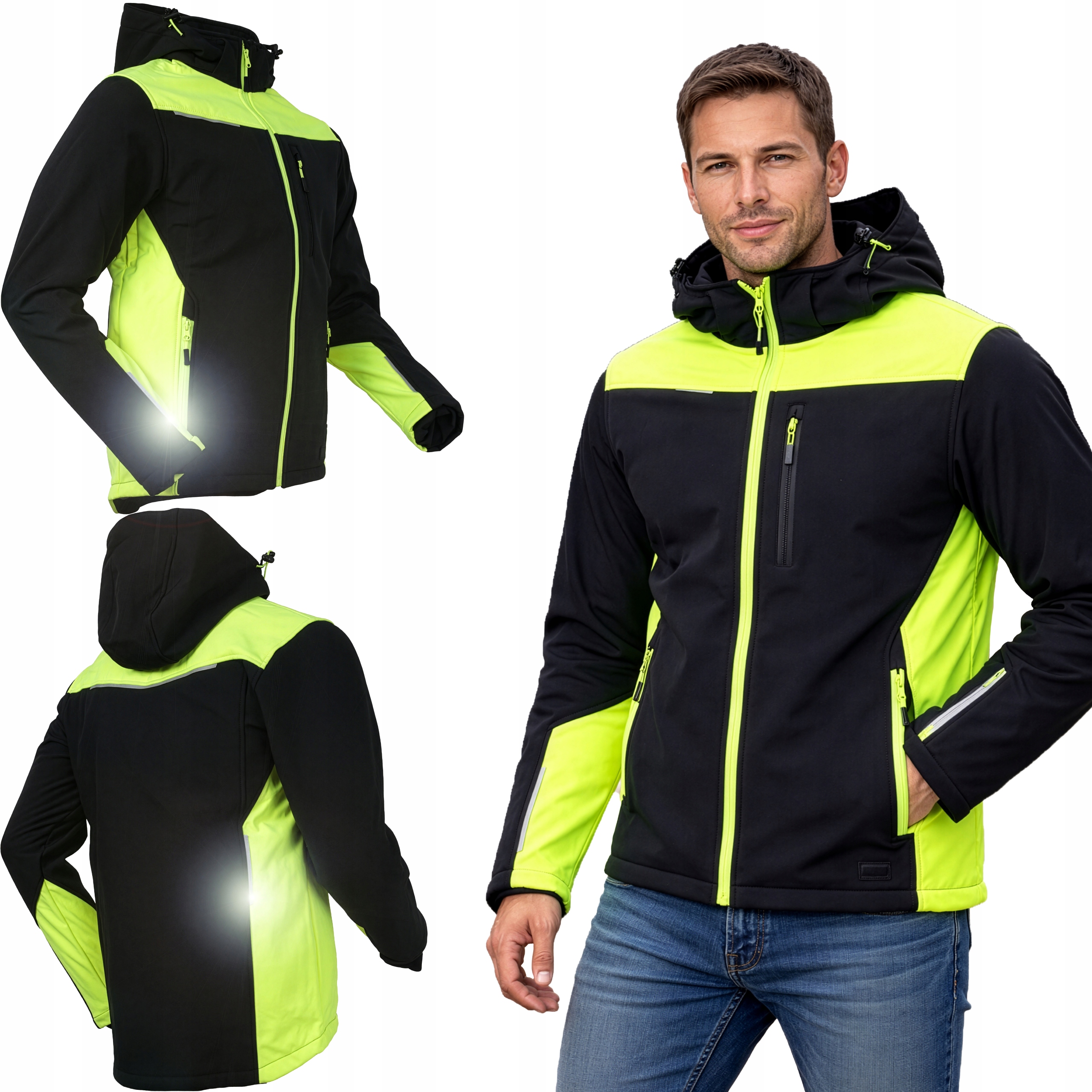 Kurtka męska Wodoodporna Wiatroodporna softshell Odblaskowa z kapturem bhp