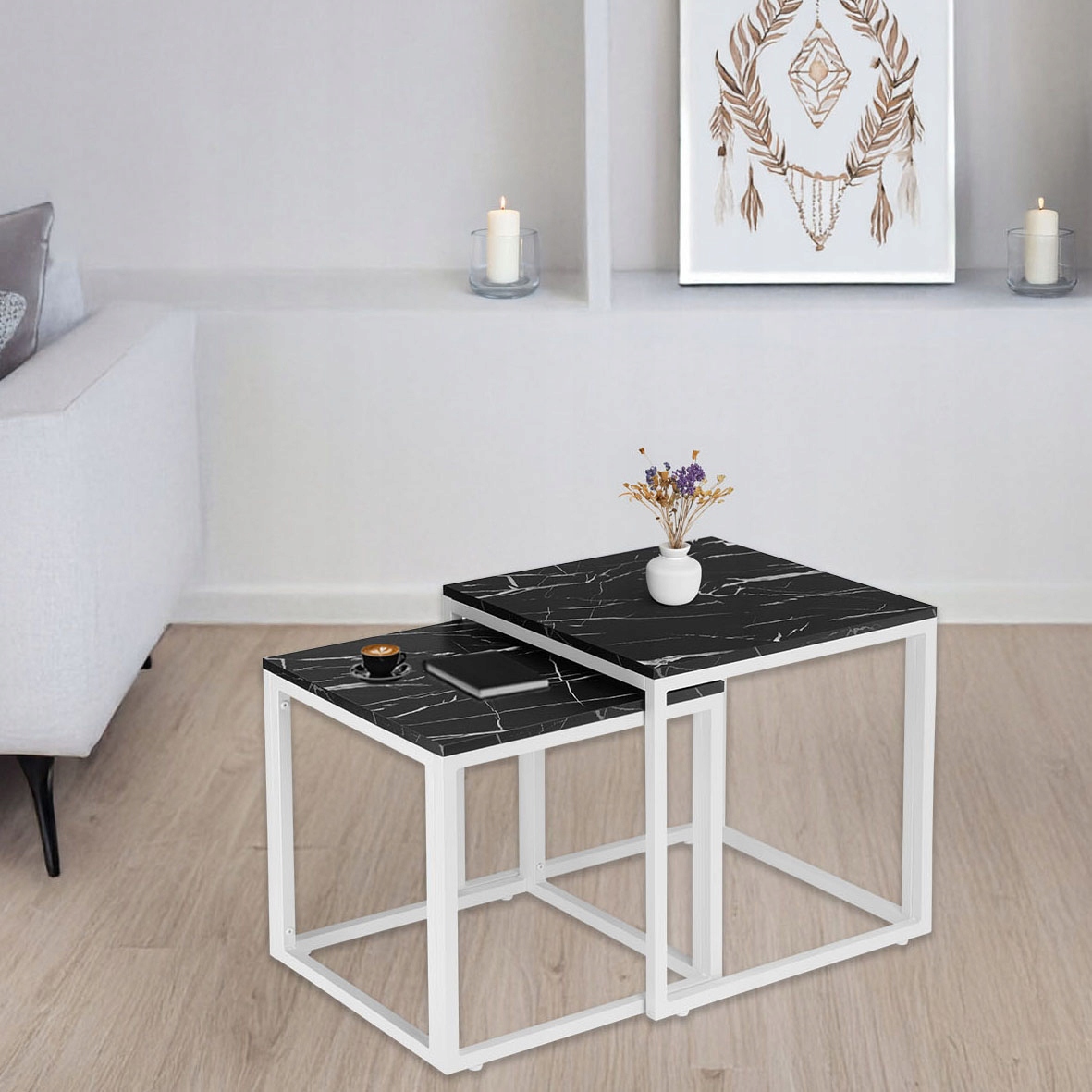 Konferenční Stolky Sada 2V1 Loftová Lavice Industriální Mramor Černá Čtvercová