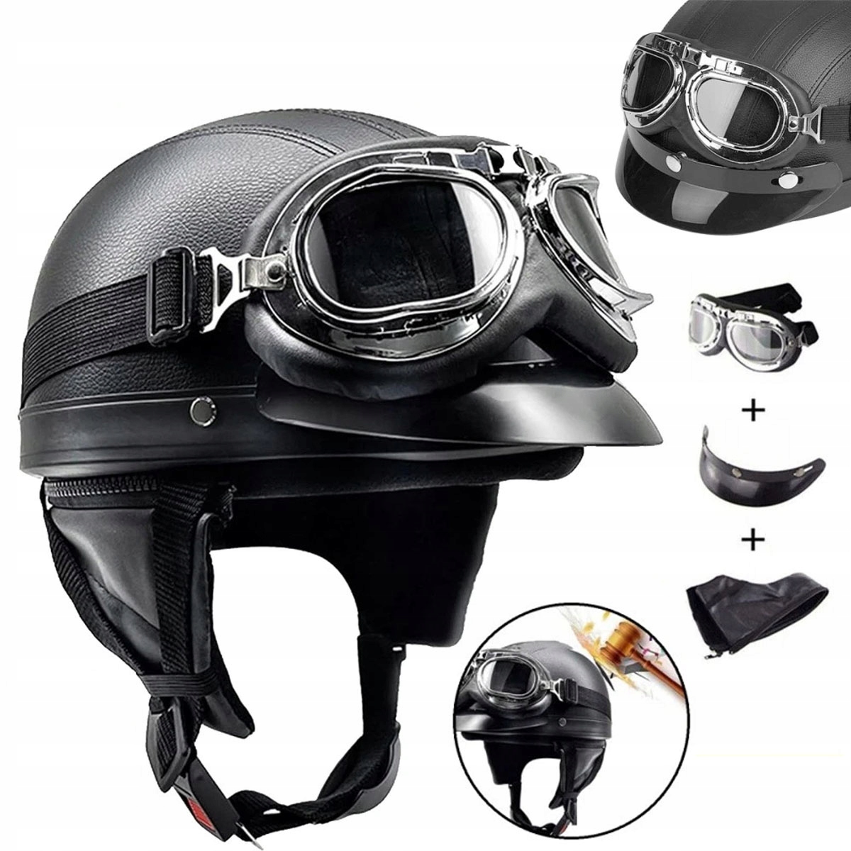 L Kask Motocyklowy Chopper Czarny Hełm Niemiecki Weteran Orzeszek Gogle