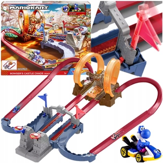 Hot Wheels Mario Kart Zestaw Tor Bowser's Castle Chaos Auto Blue Yoshi 5+