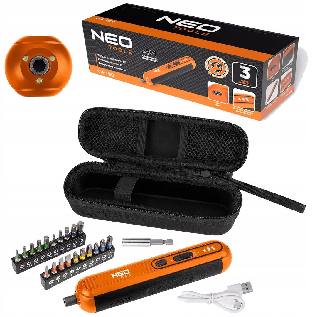 Akumulátorový šroubovák 4V Li-Ion Usb-c komplet V Pouzdru s Led bity Neo