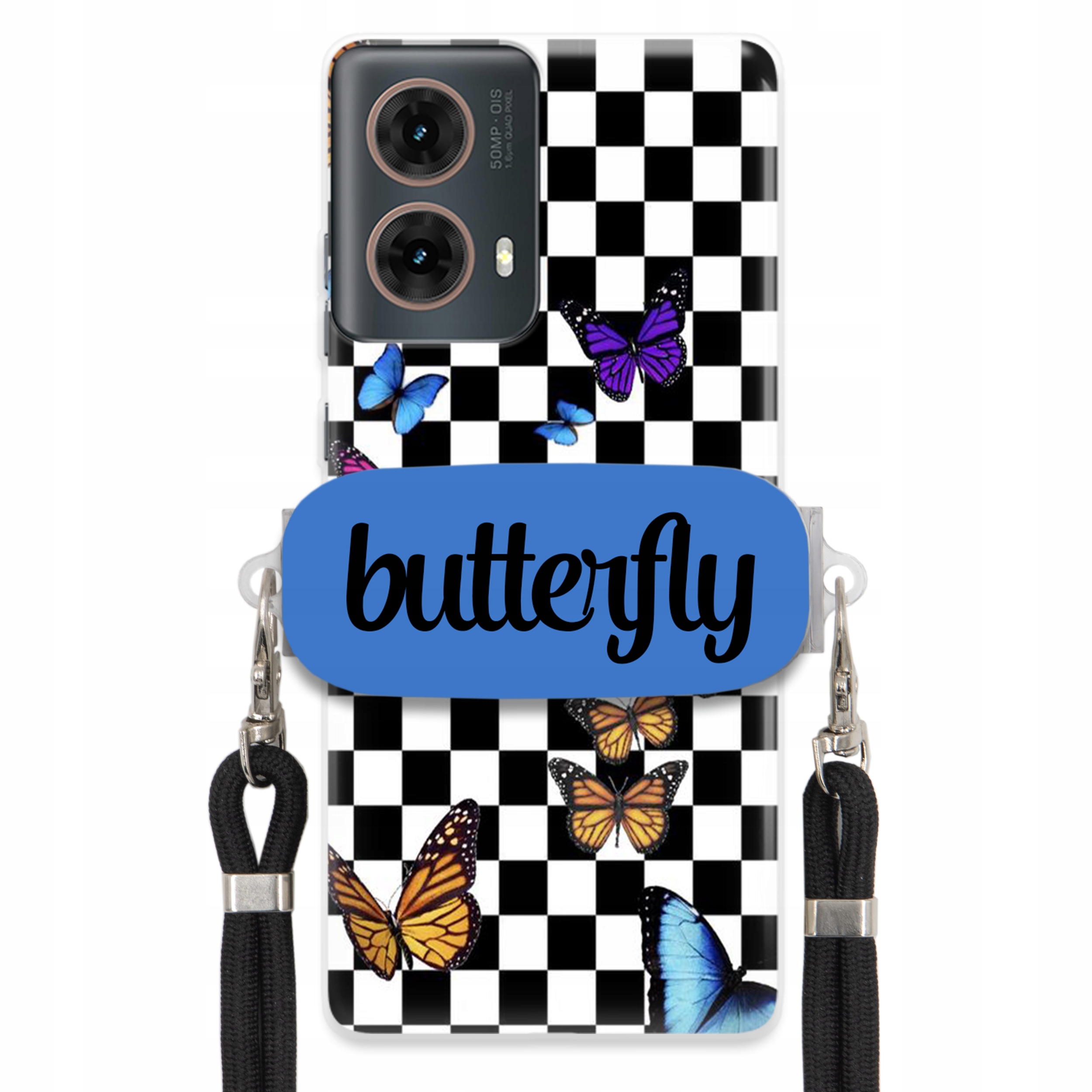 Puzdro Na Motorola G85 Puzdro Obdĺžnikový Držiak Čierne Vodítko Butterfly Motýle