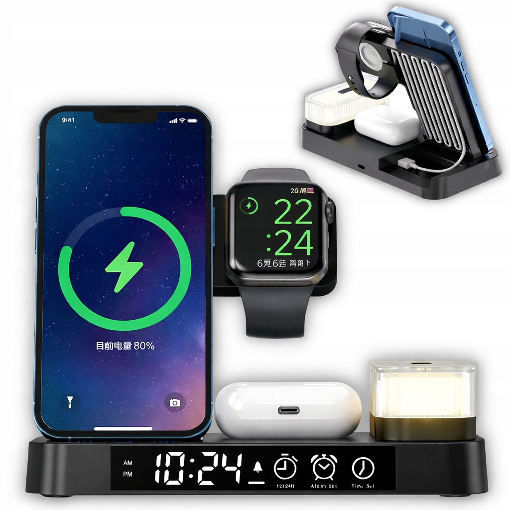 Indukční Nabíječka Bezdrátová Stanice 15W Qi 4v1 Iphone Airpods Usb-c