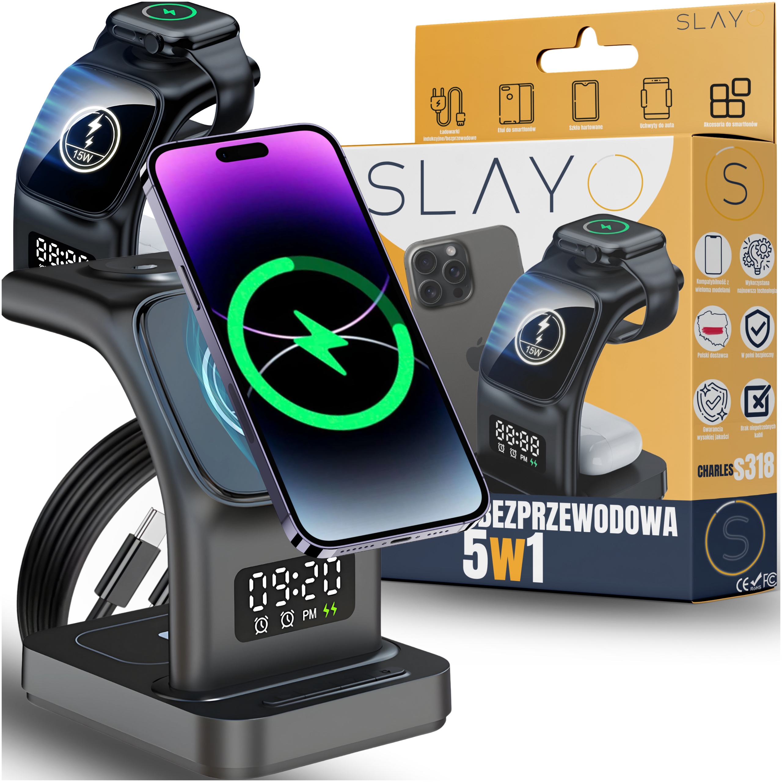 ŁADOWARKA INDUKCYJNA 15W QI SZYBKA DO IPHONE 12 13 14 15 3W1 INTELIGENTNA