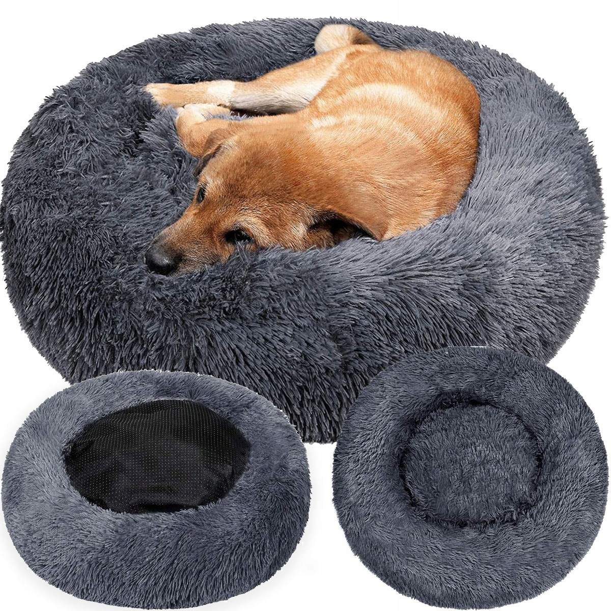 Levně Pelíšek Pro Psa Kočku Chlupaté Tlusté Kulaté Polštář Tmavě Šedý 60 cm