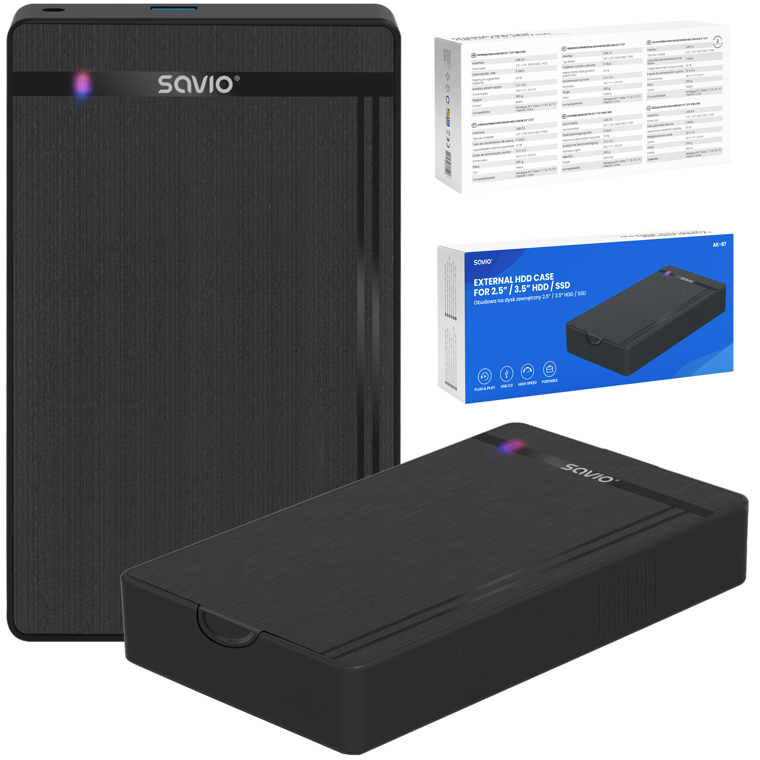 Savio Obudowa na dysk zewnętrzny AK-87 Ssd Sata Hdd 3.5" do 16TB Zasilacz