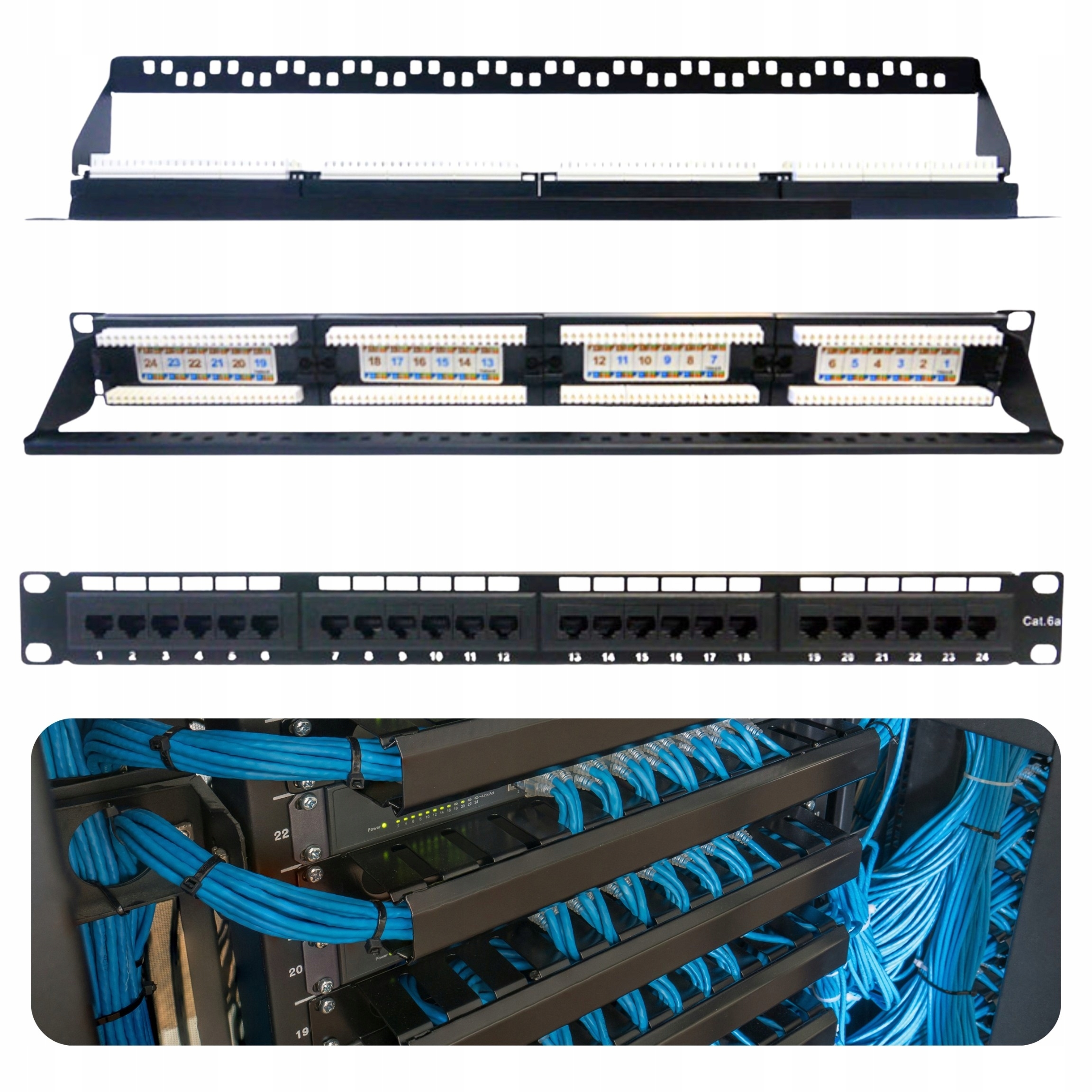 Patch panel półka Cmr do szaf Rack 19" 1U 24 portowy skrętka RJ45 Utp kat.6