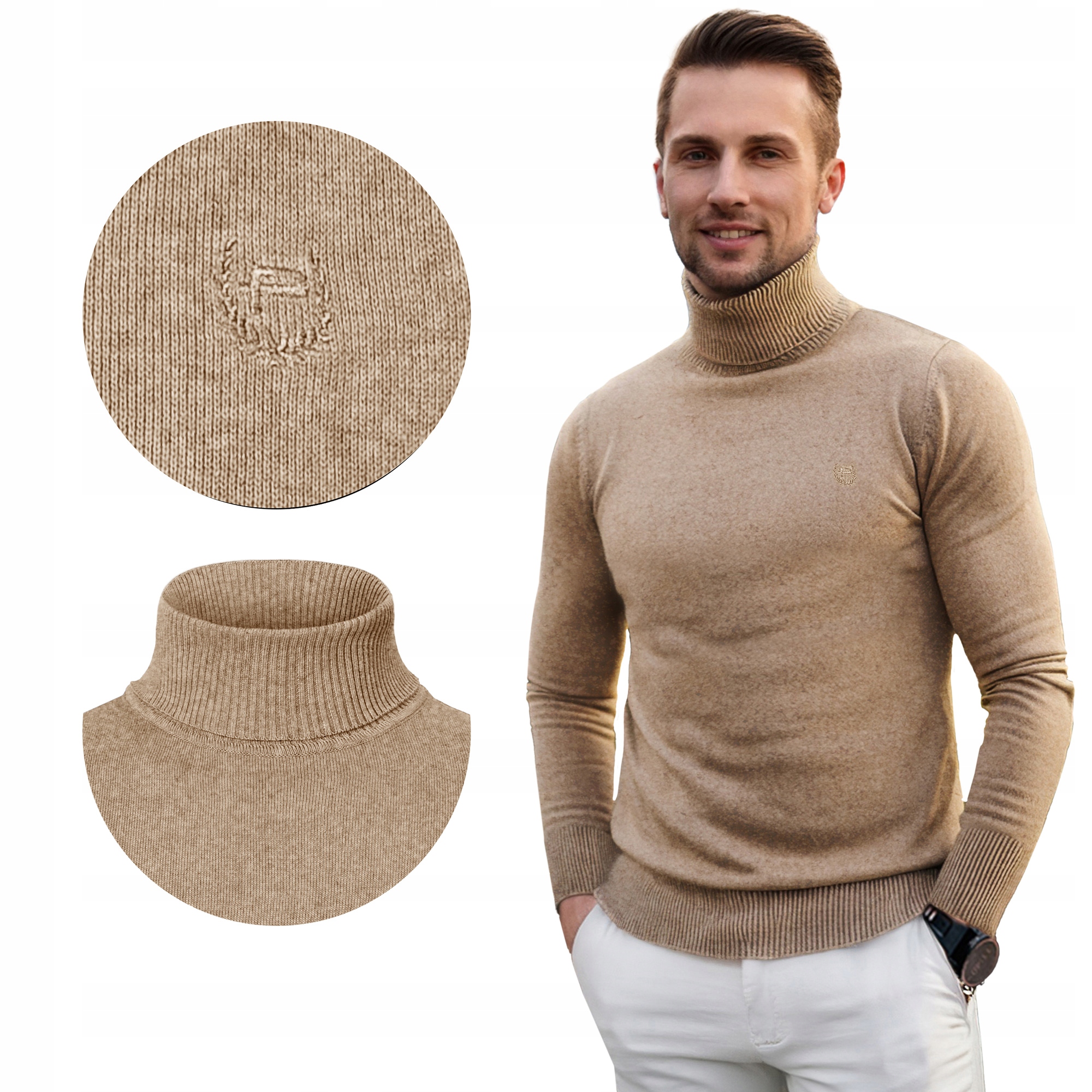 Klasický Rolák Pánský elegantní bavlněný svetr Béžový 2XL Pako Jeans