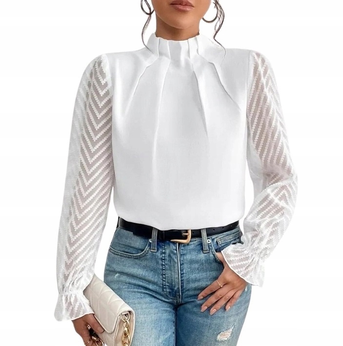 damska biała bluzka z ozdobnymi rękawami ze stójką