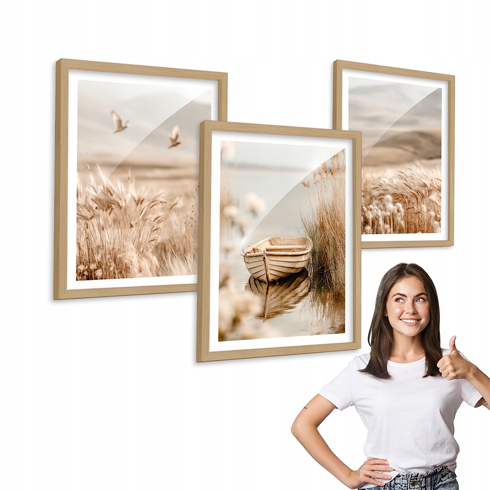 Sada 3 obrazů vzor Boho Loďka Jezero Voda dřevěný rámeček 30x40 triptych