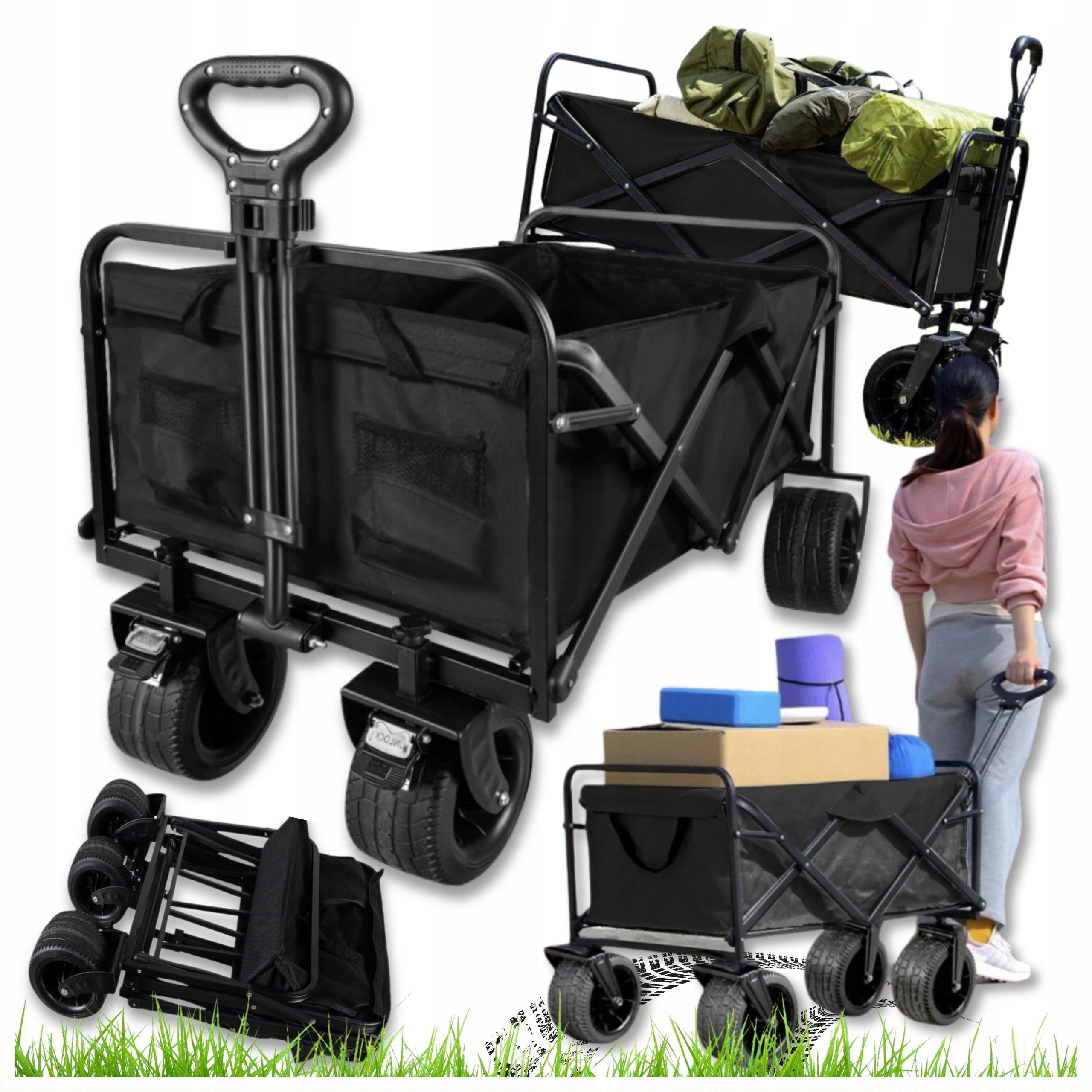 Wózek Turystyczny Campingowy Plażowy Składany XL Czarny 100KG Koła Blokada