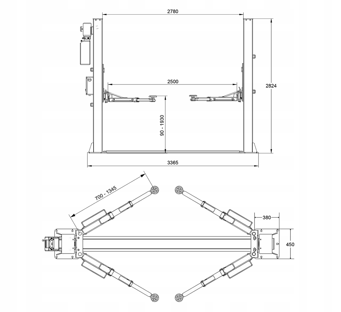 Podnośnik Dwukolumnowy Automat REDATS L-240F 4 TONY 230V Symetryczne Łapy Minimalna wysokość podnoszenia 900 mm