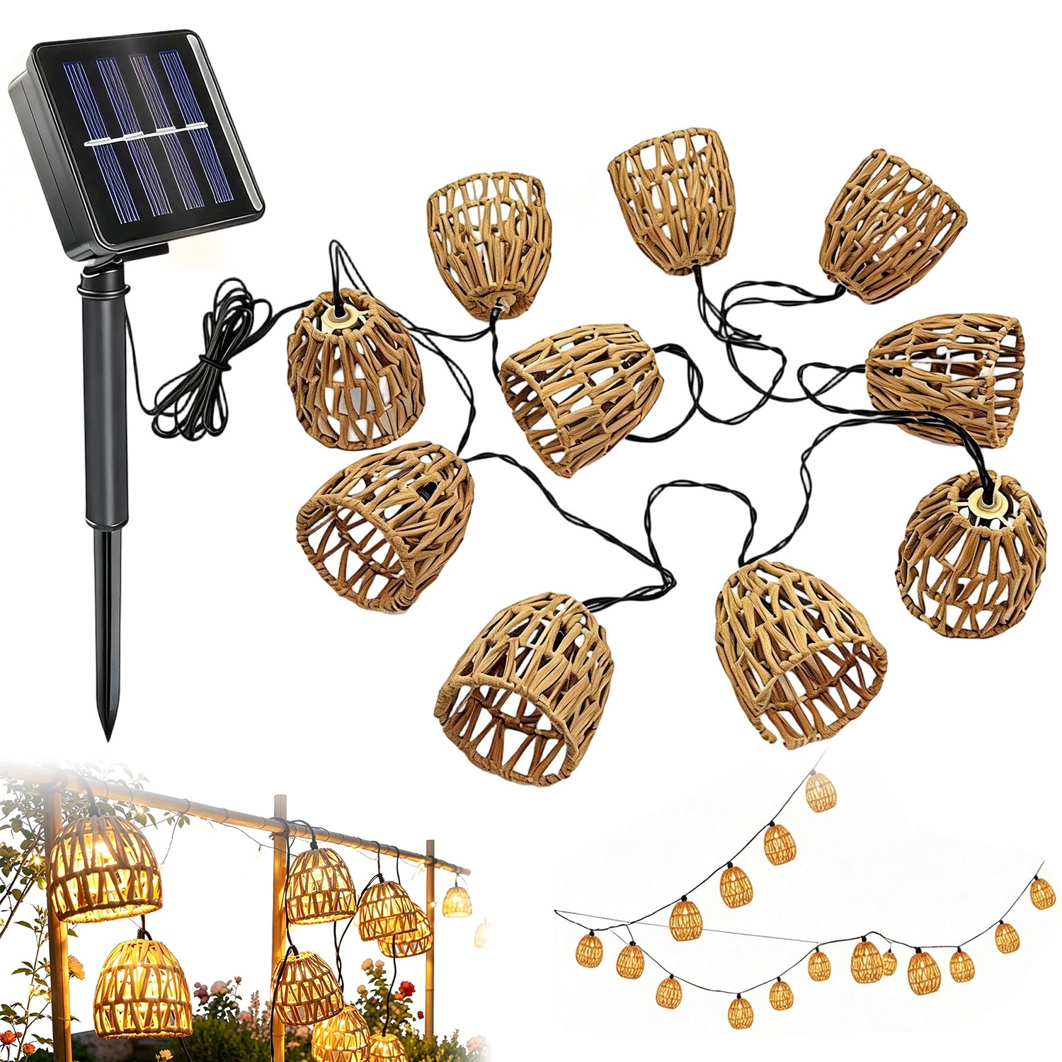 Lampa Solarna Ogrodowa Led Lampa Girlanda Wbijana Ozdobna Sznur Rattanowych
