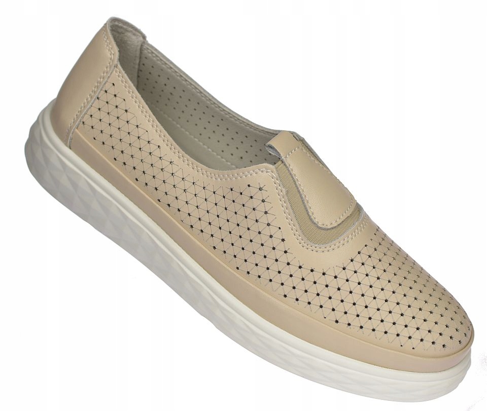 Dámské kožené mokasíny Béžové 22847 Nazouvací polobotky Ažurové Lehké vel. 38